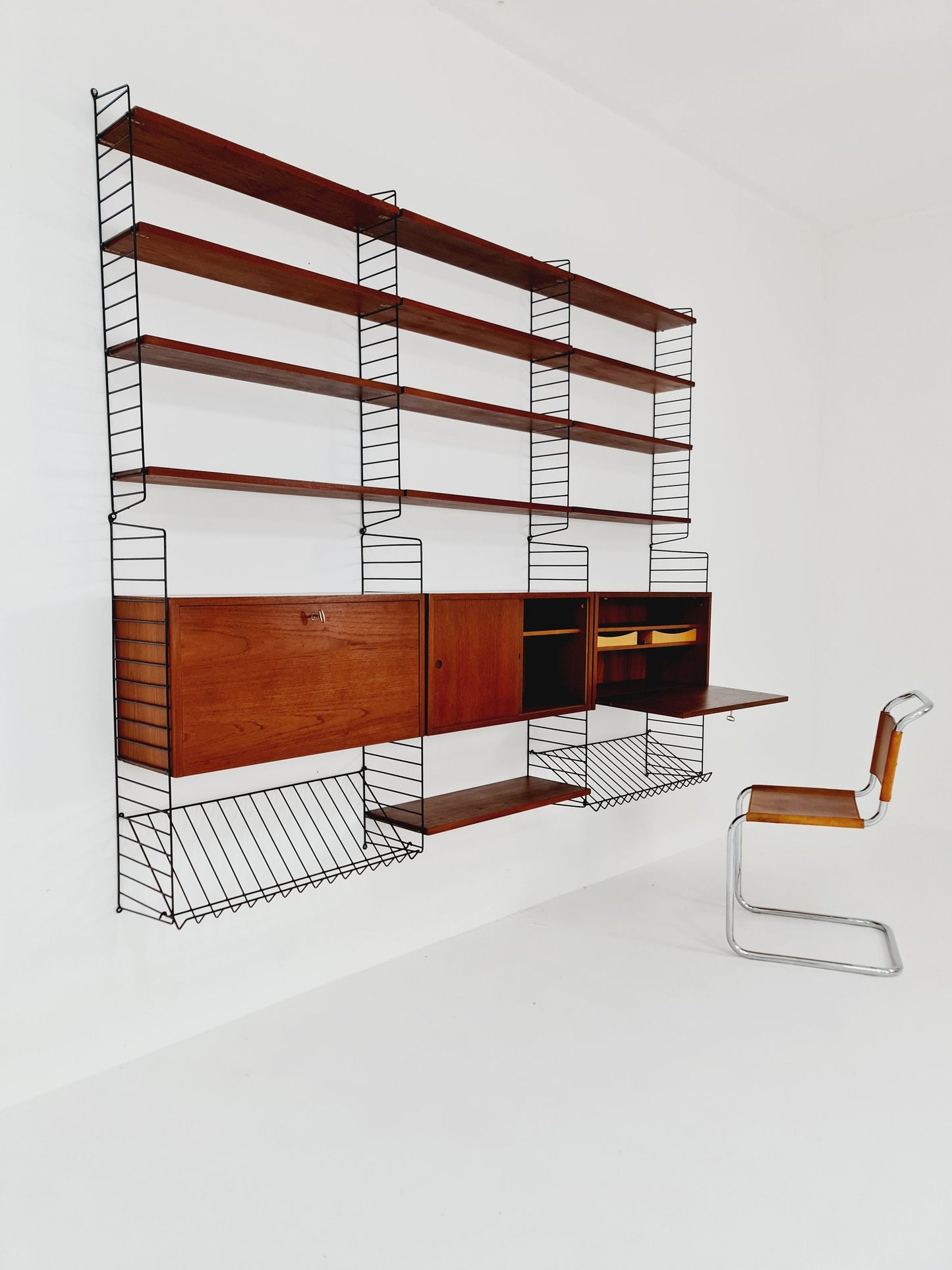 Wall-mounted original Swedish string shelf-system, bookcase teak by Nils & Kajsa Strinning, 1960s