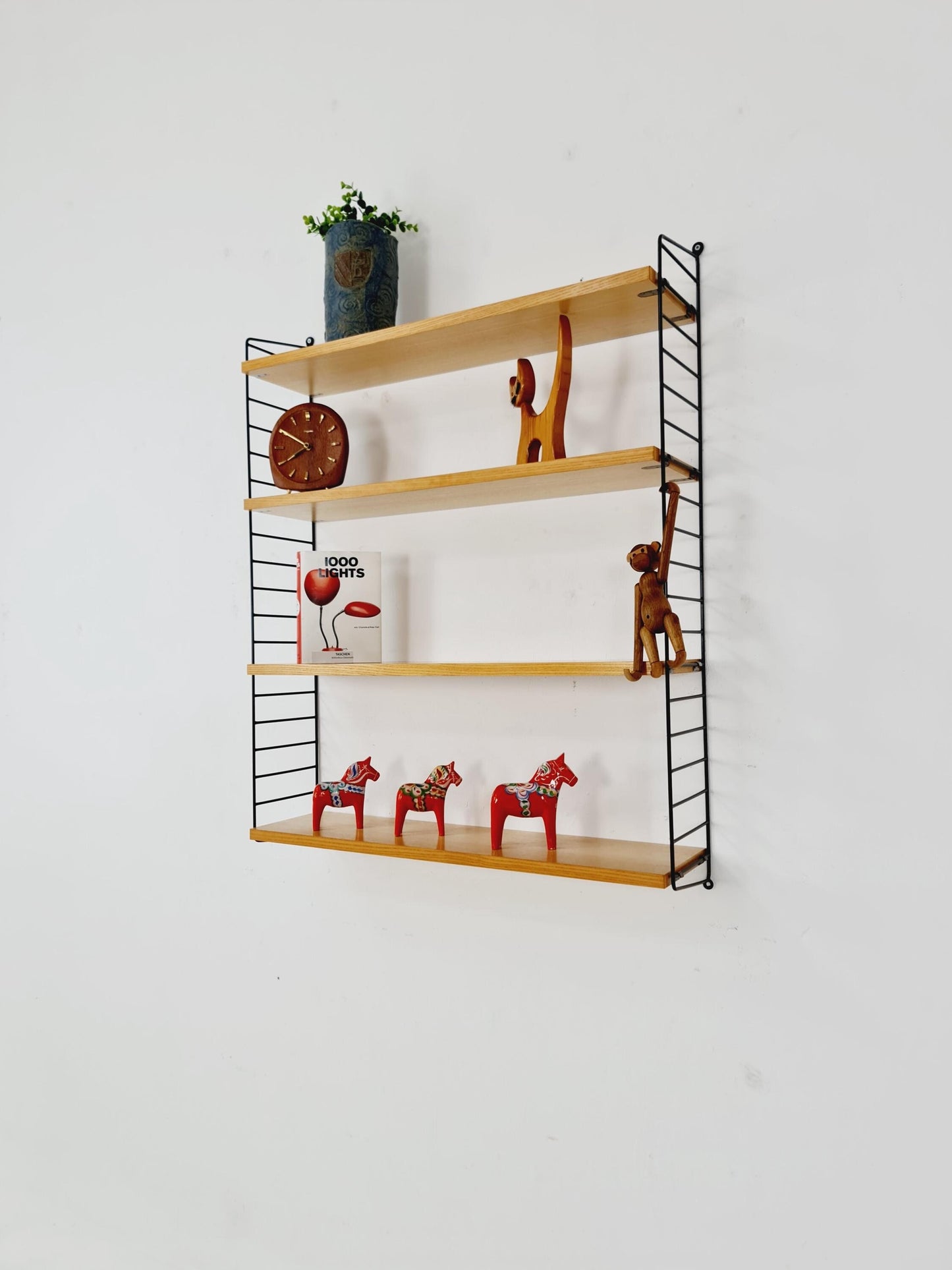 Original MCM Ash shelving system - consists of Black lacquered metal ladders, from string Stockholm 1960s