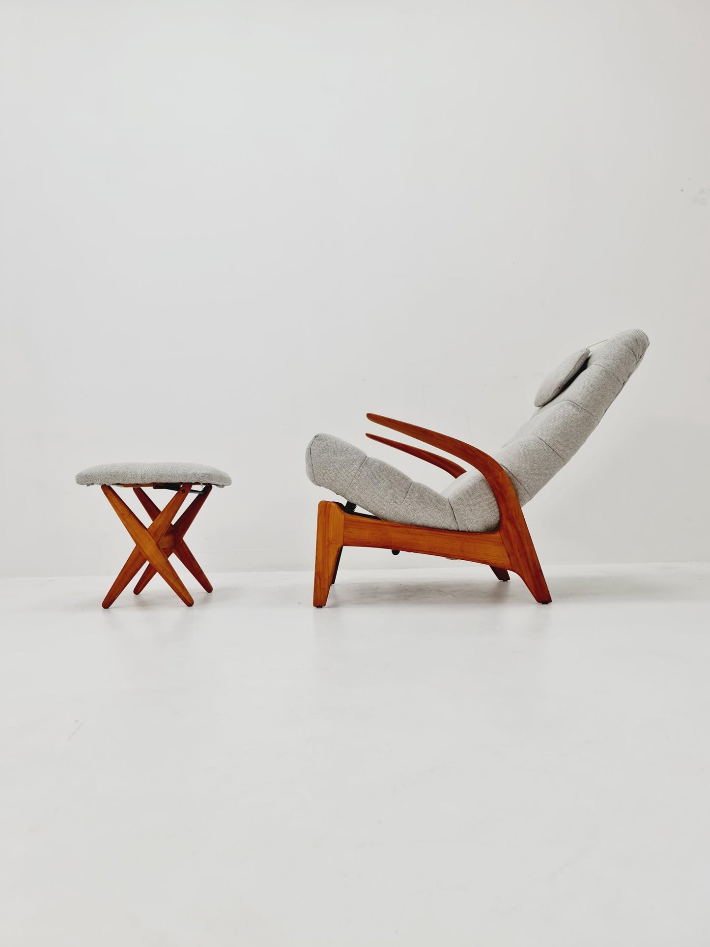Mid Century Solid cherry wood lounge chair/ Easy chair by Rolf Rastad & Adolf Relling For Goldfeder with Adjustable Ottoman, 1960s