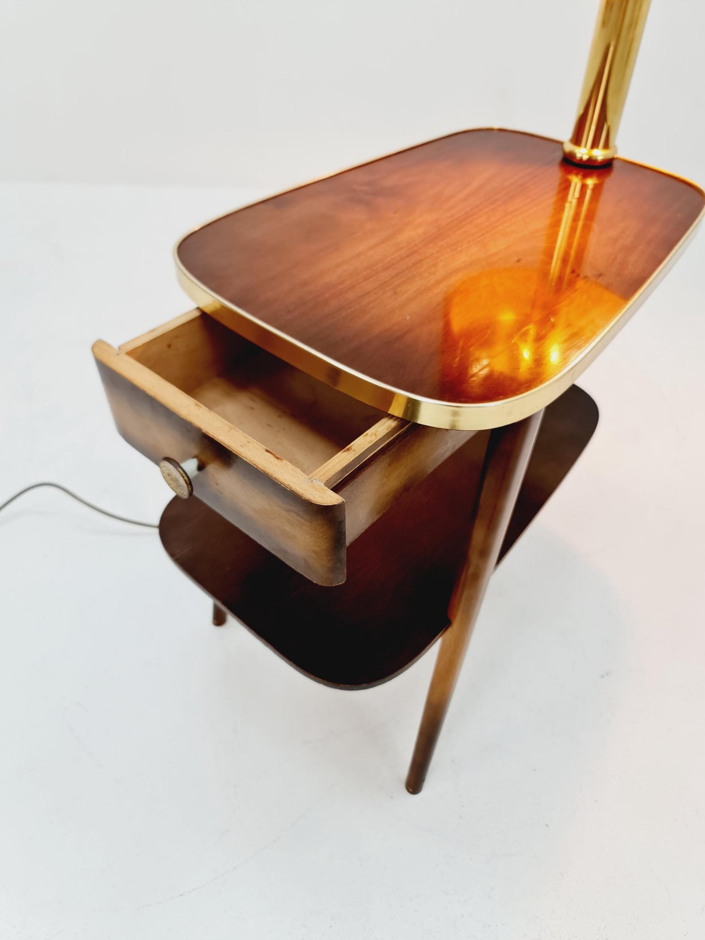 Rare Midcentury German tripod floor lamp , sidetabale Brass , 1950s