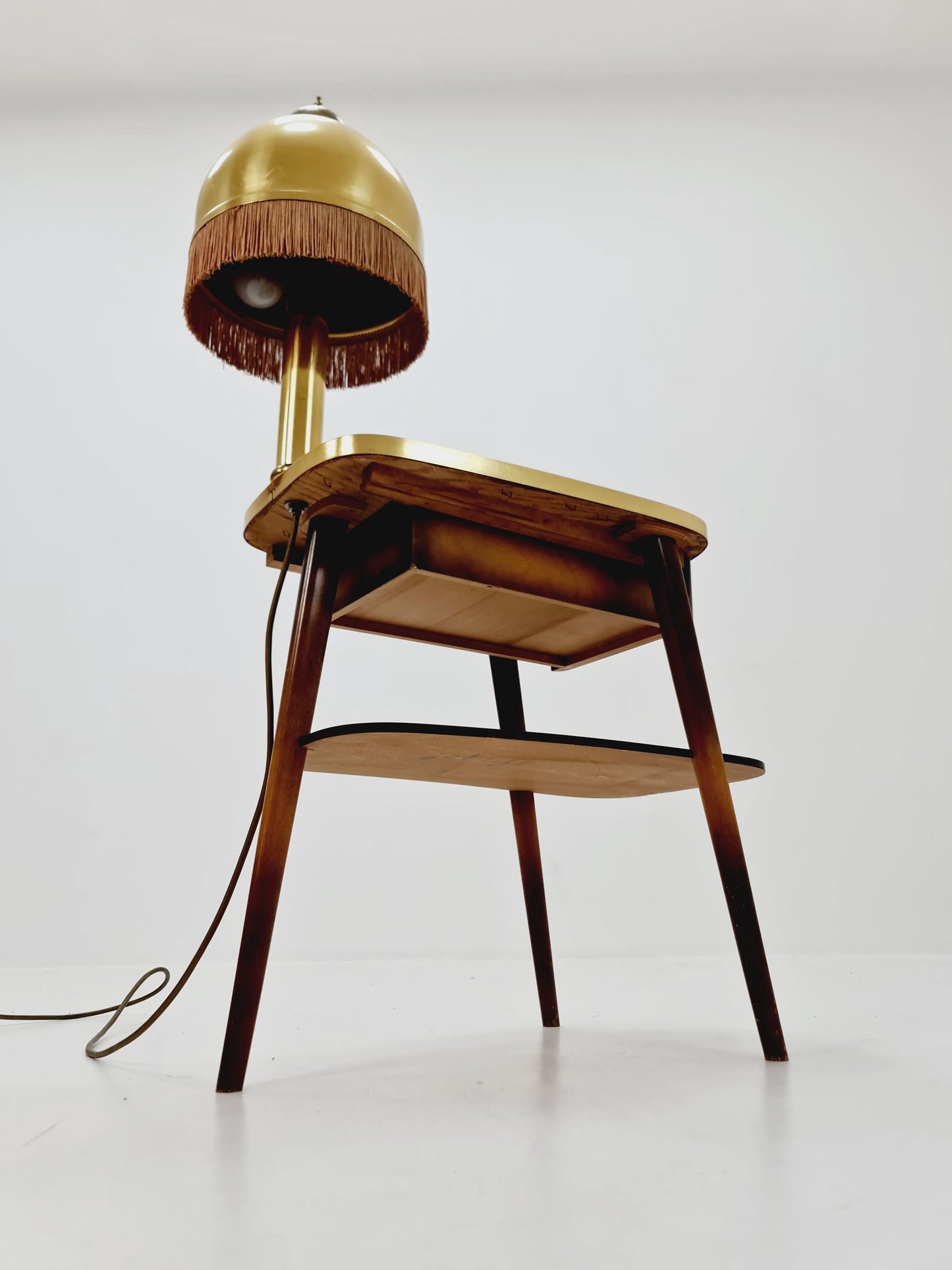 Rare Midcentury German tripod floor lamp , sidetabale Brass , 1950s