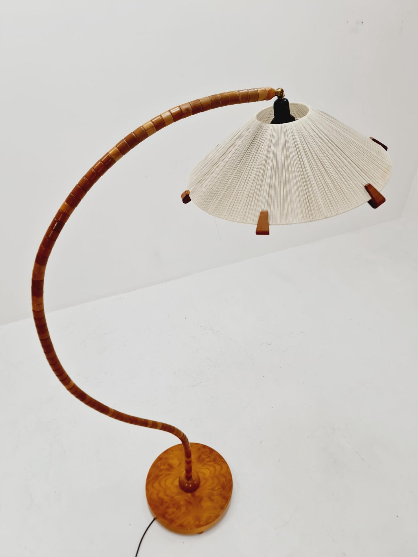 Rare Midcentury vintage gooseneck floor lamp in beech Wood and teak shade by Marksljöd Sweden, 1940s