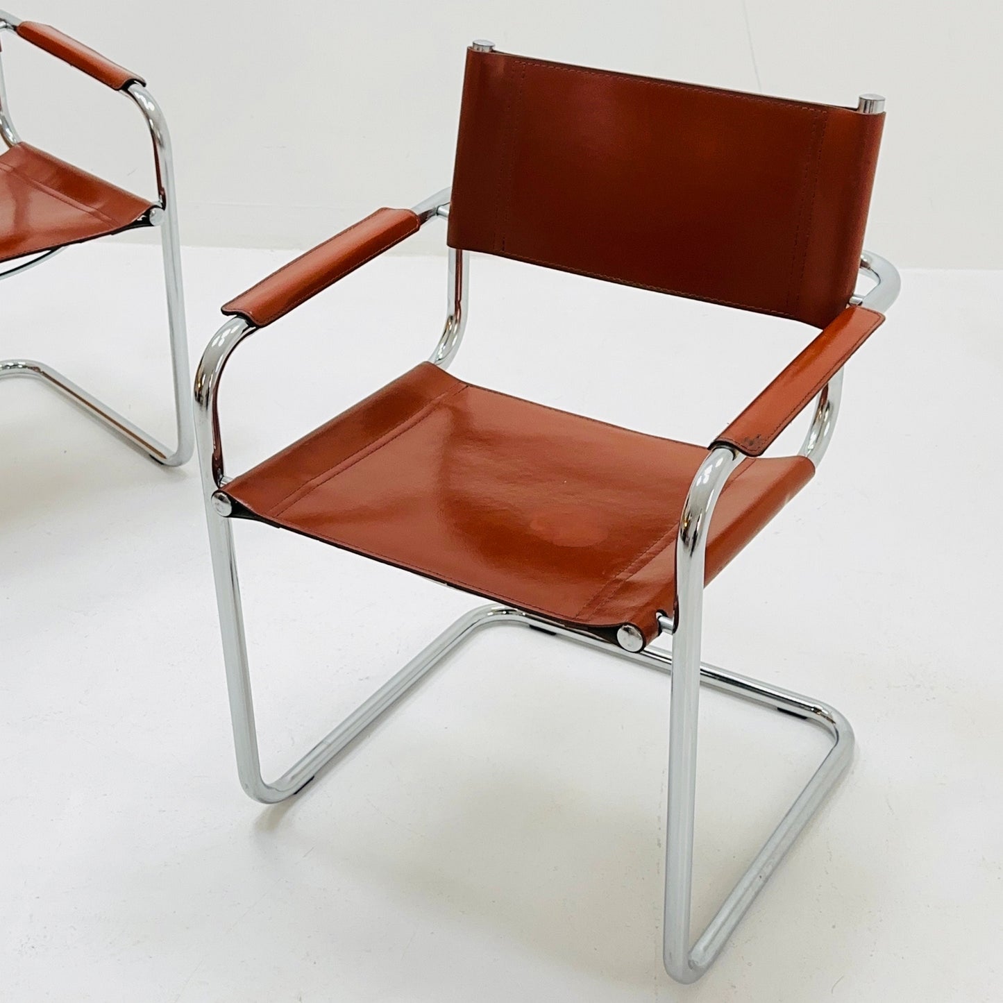 Set of 2 Mid century S34 cognac Leather tubular armchairs by Mart Stam & Marcel Breuer 1980s Italy