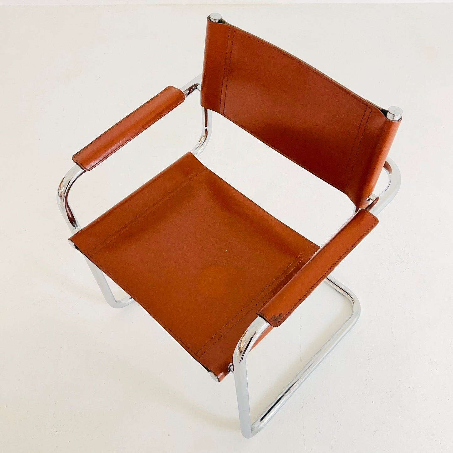 Set of 2 Mid century S34 cognac Leather tubular armchairs by Mart Stam & Marcel Breuer 1980s Italy