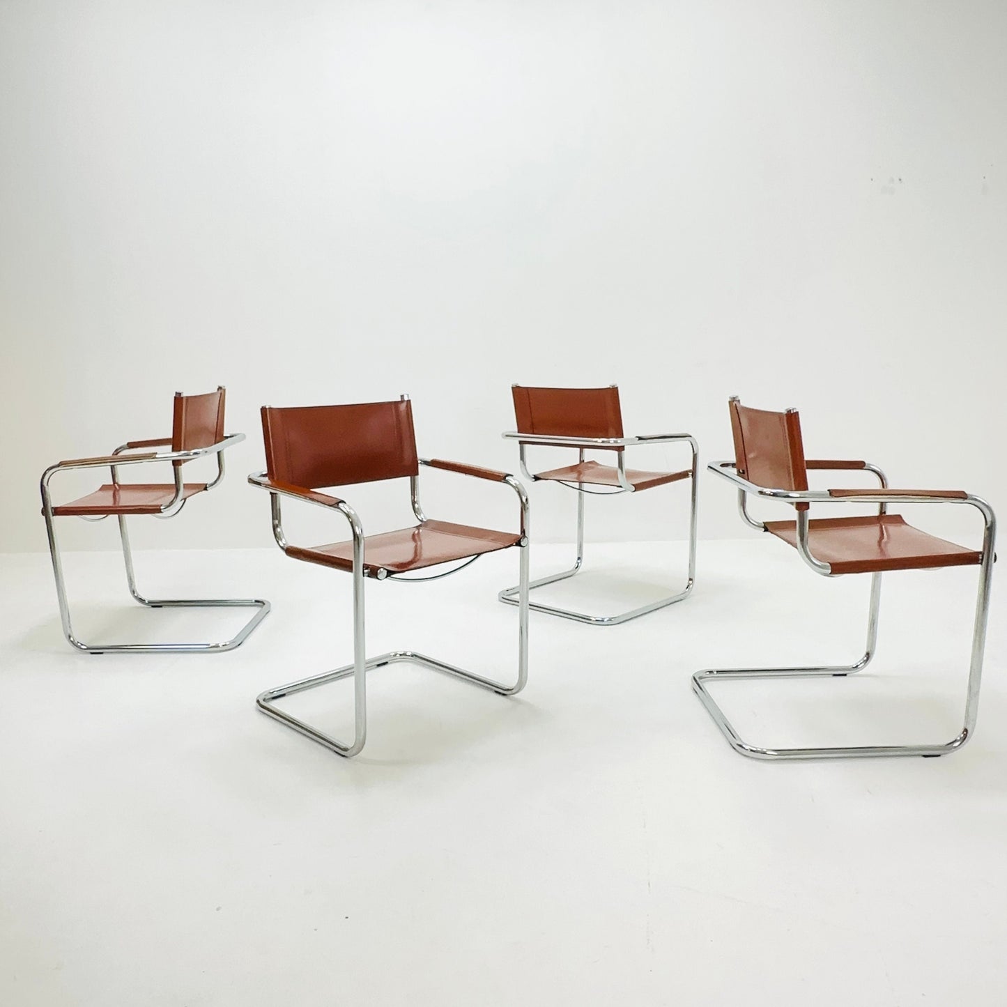 Set of 4 Mid century Model S34 Cognac Leather armchairs by Mart Stam & Marcel Breuer 1980s Italy