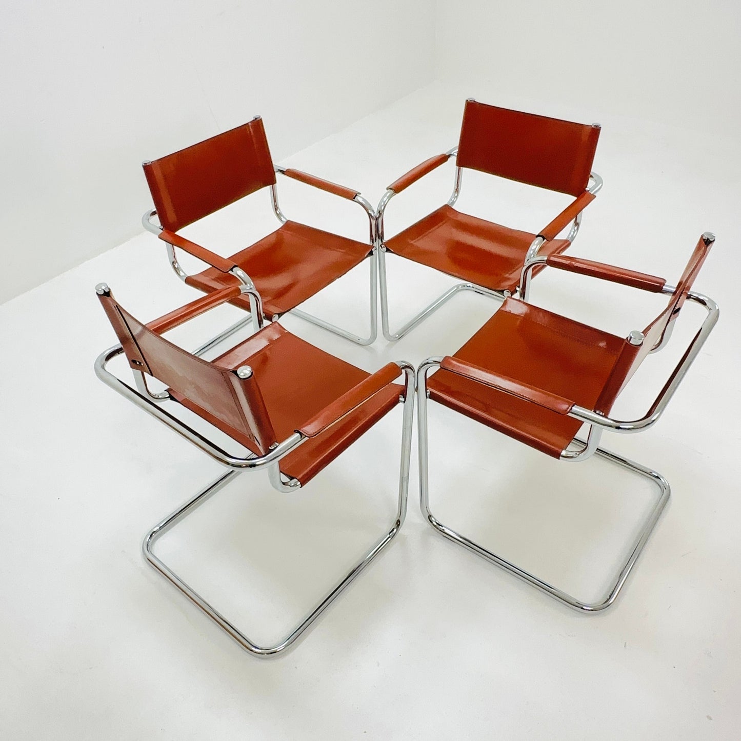 Set of 4 Mid century Model S34 Cognac Leather armchairs by Mart Stam & Marcel Breuer 1980s Italy