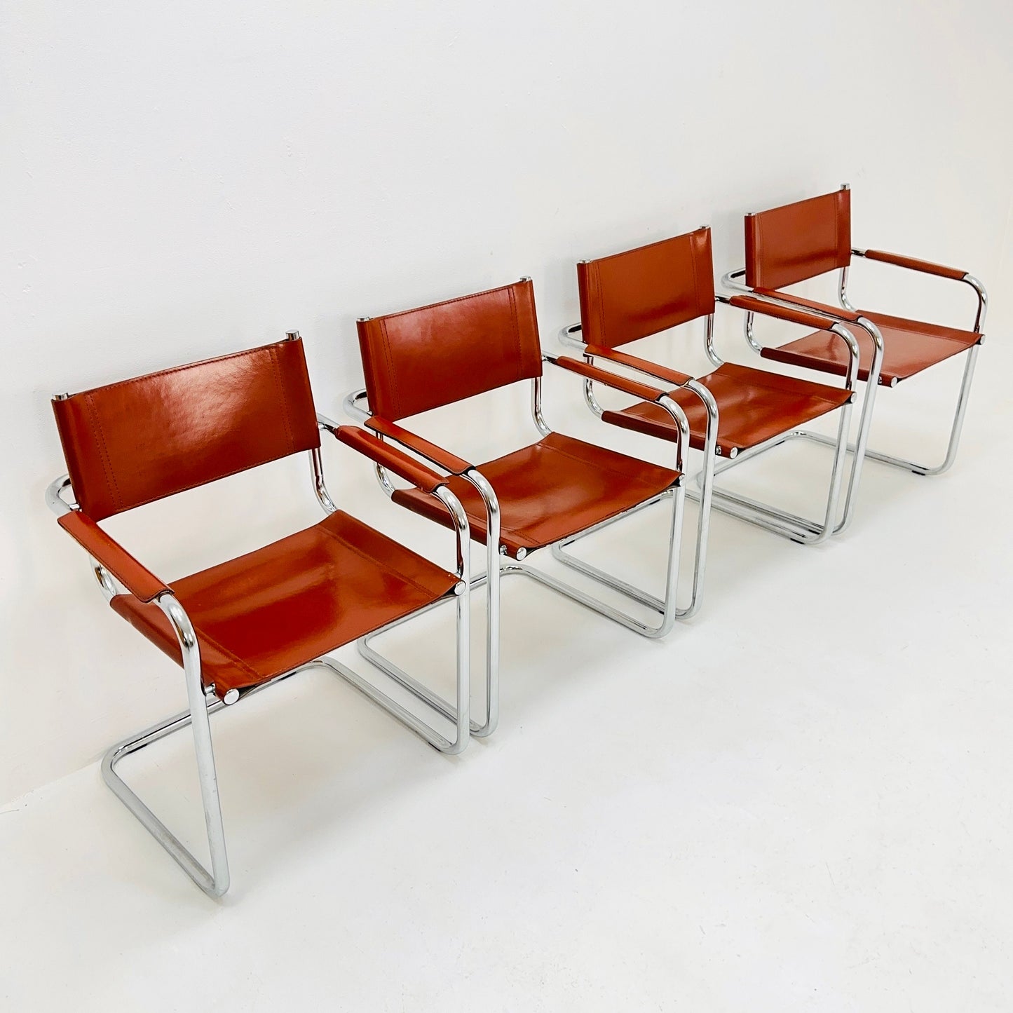 Set of 4 Mid century Model S34 Cognac Leather armchairs by Mart Stam & Marcel Breuer 1980s Italy