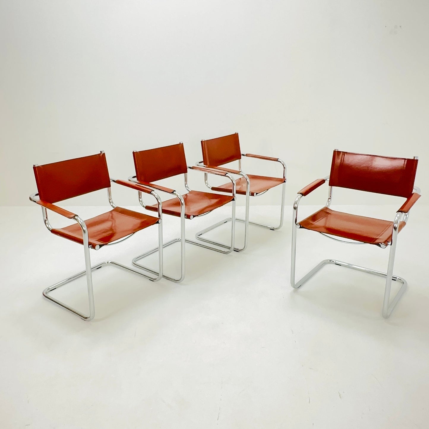 Set of 4 Mid century Model S34 Cognac Leather armchairs by Mart Stam & Marcel Breuer 1980s Italy