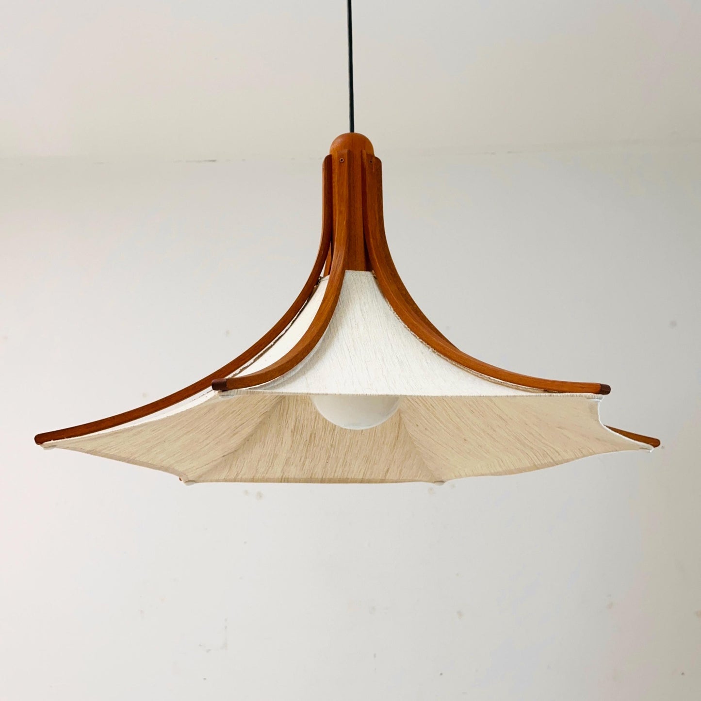 Mid century Wooden Pendant Light with Textile Shade by Domus Germany, 1970s
