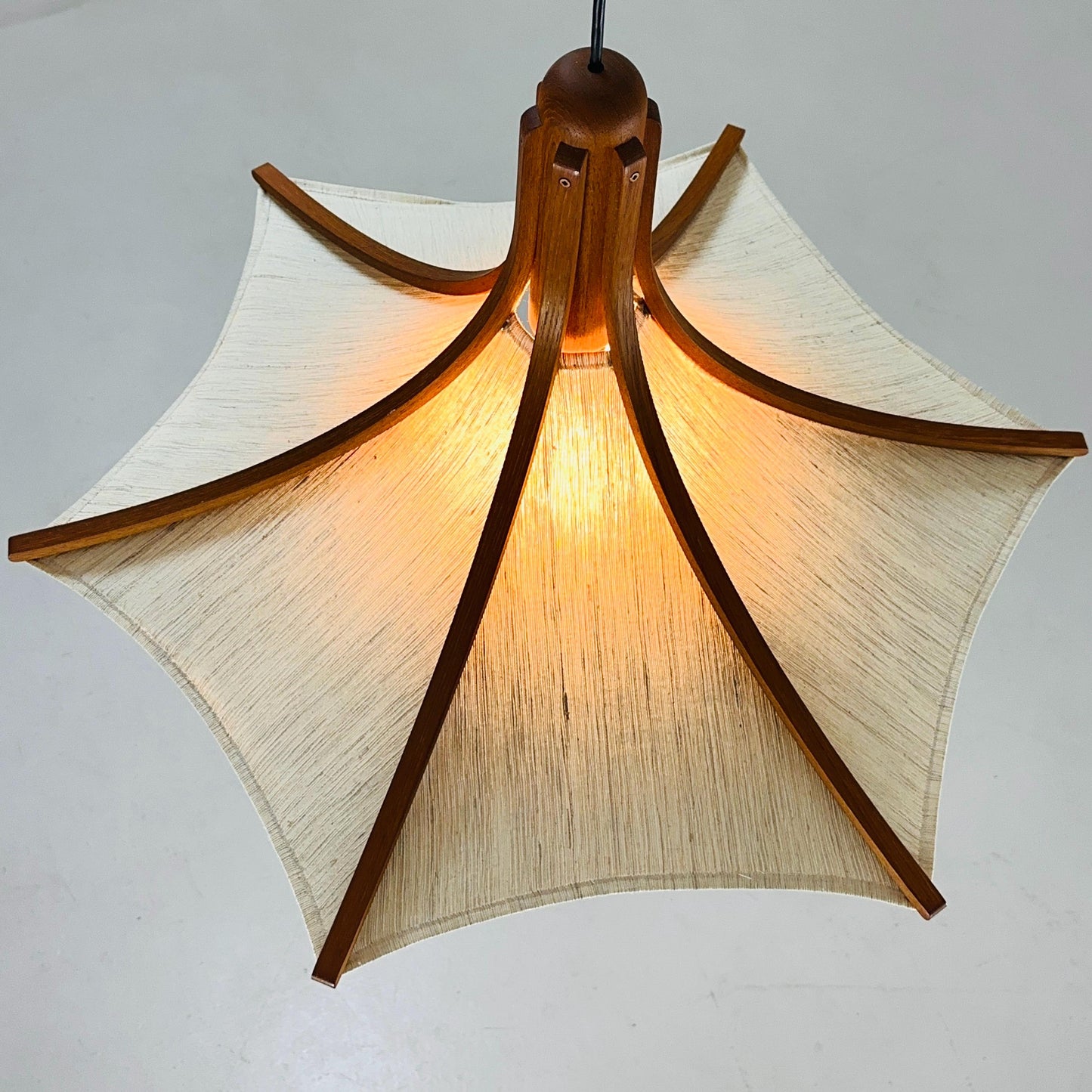 Mid century Wooden Pendant Light with Textile Shade by Domus Germany, 1970s