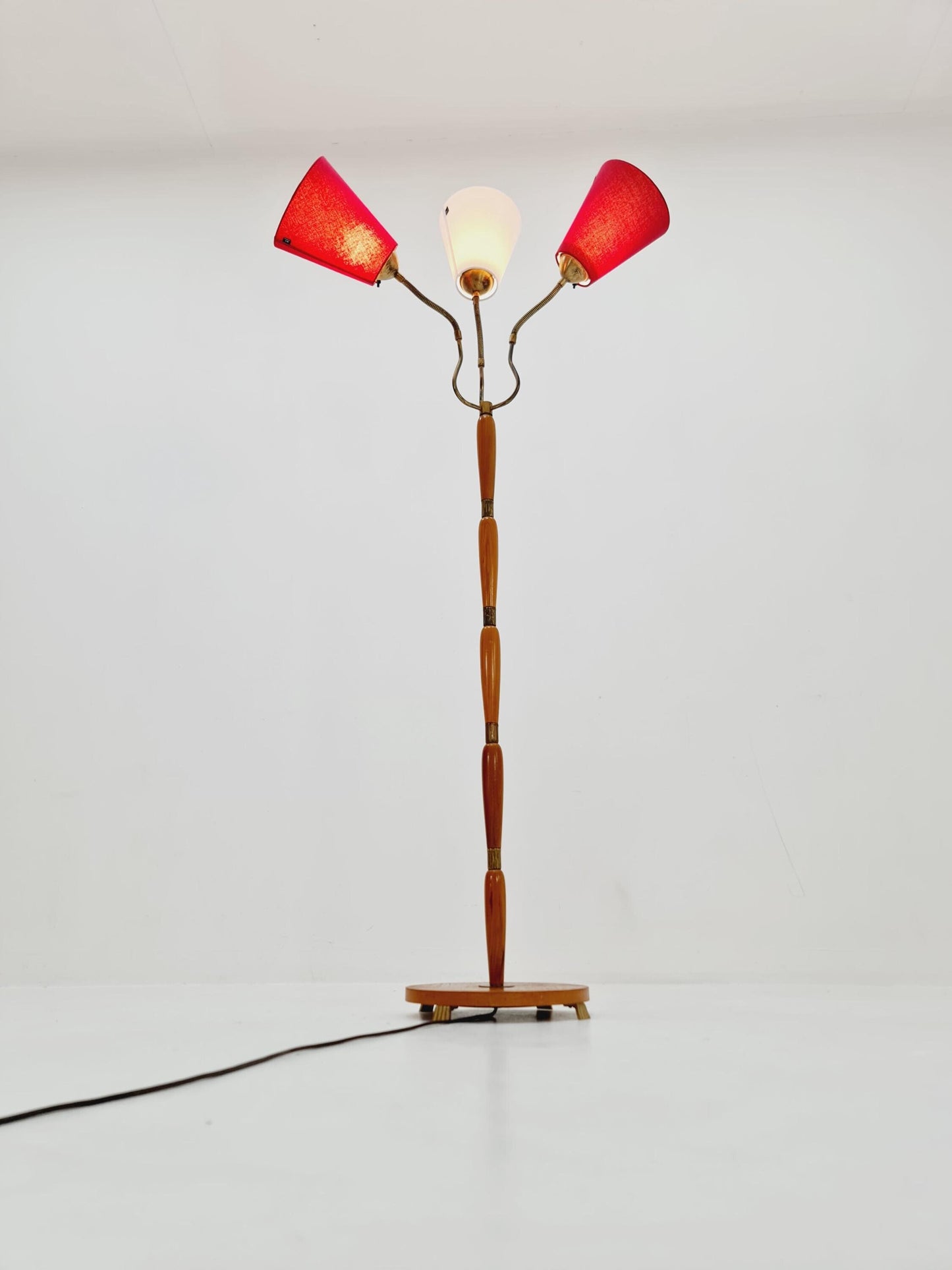 swedish Modern three flex arms brass & wood floor lamp, tütenlampe, 1950s