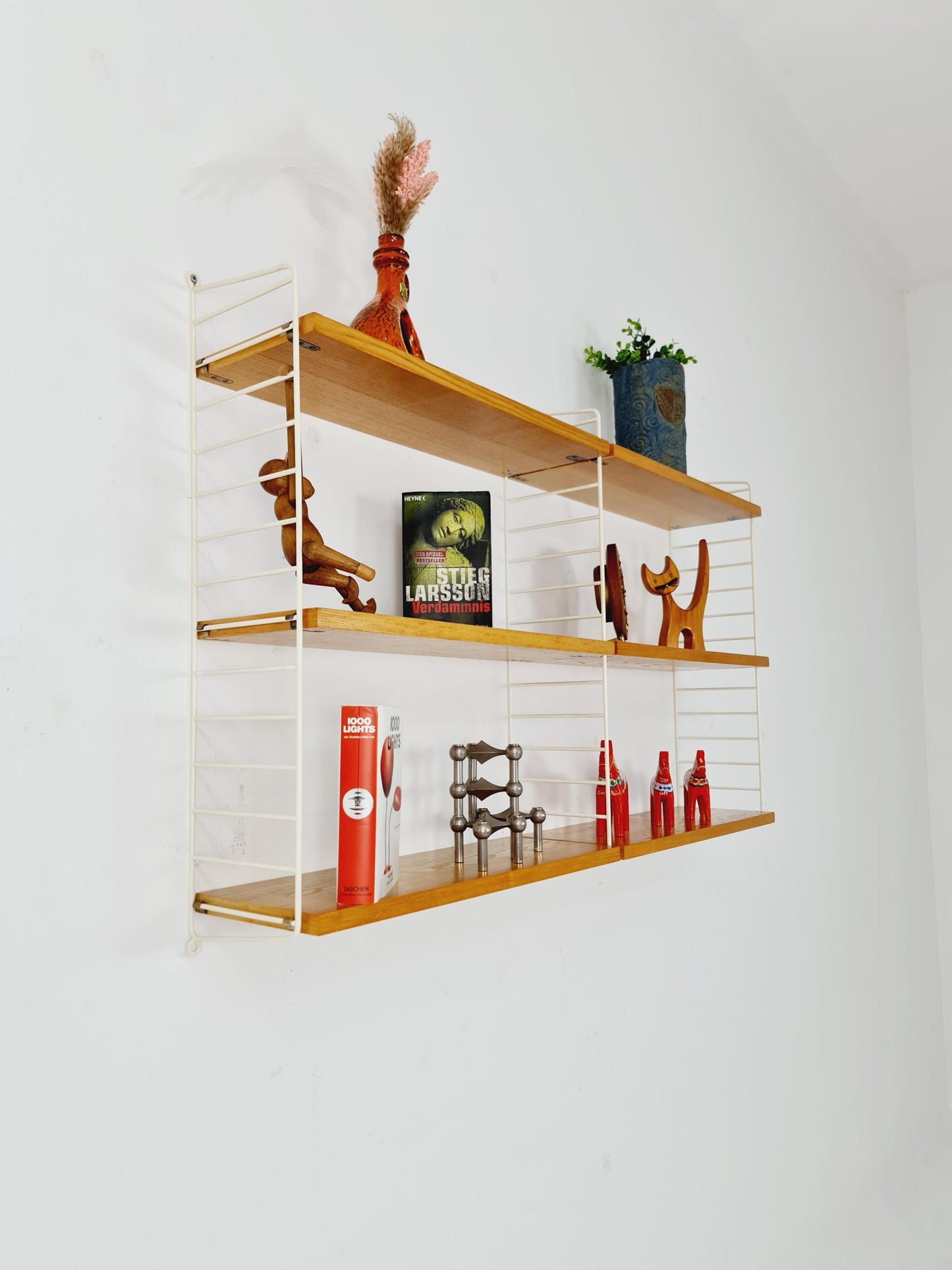Original MCM Ash shelving system - consists of Black lacquered metal ladders, from string Stockholm 1960s