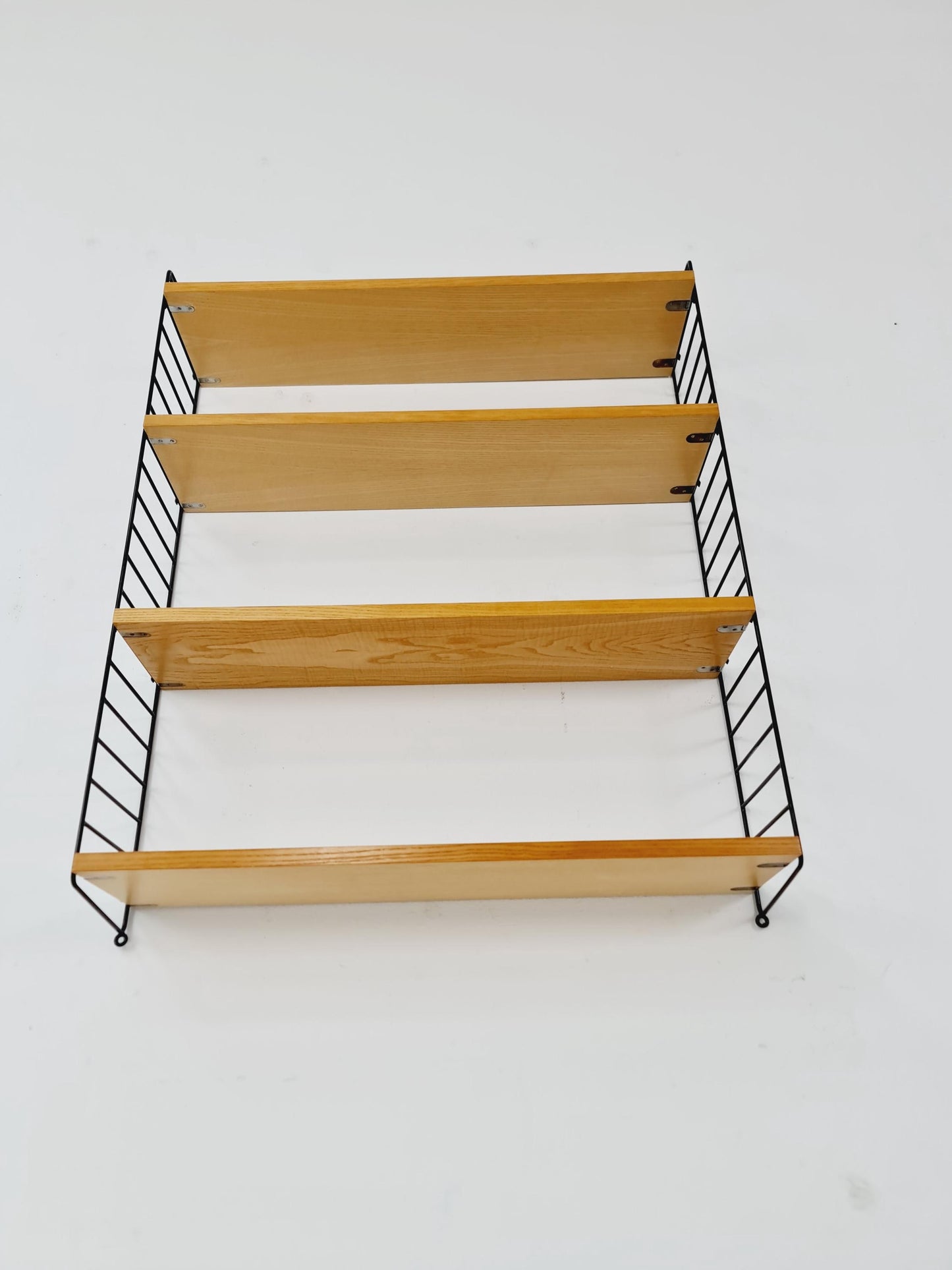 Original MCM Ash shelving system - consists of Black lacquered metal ladders, from string Stockholm 1960s
