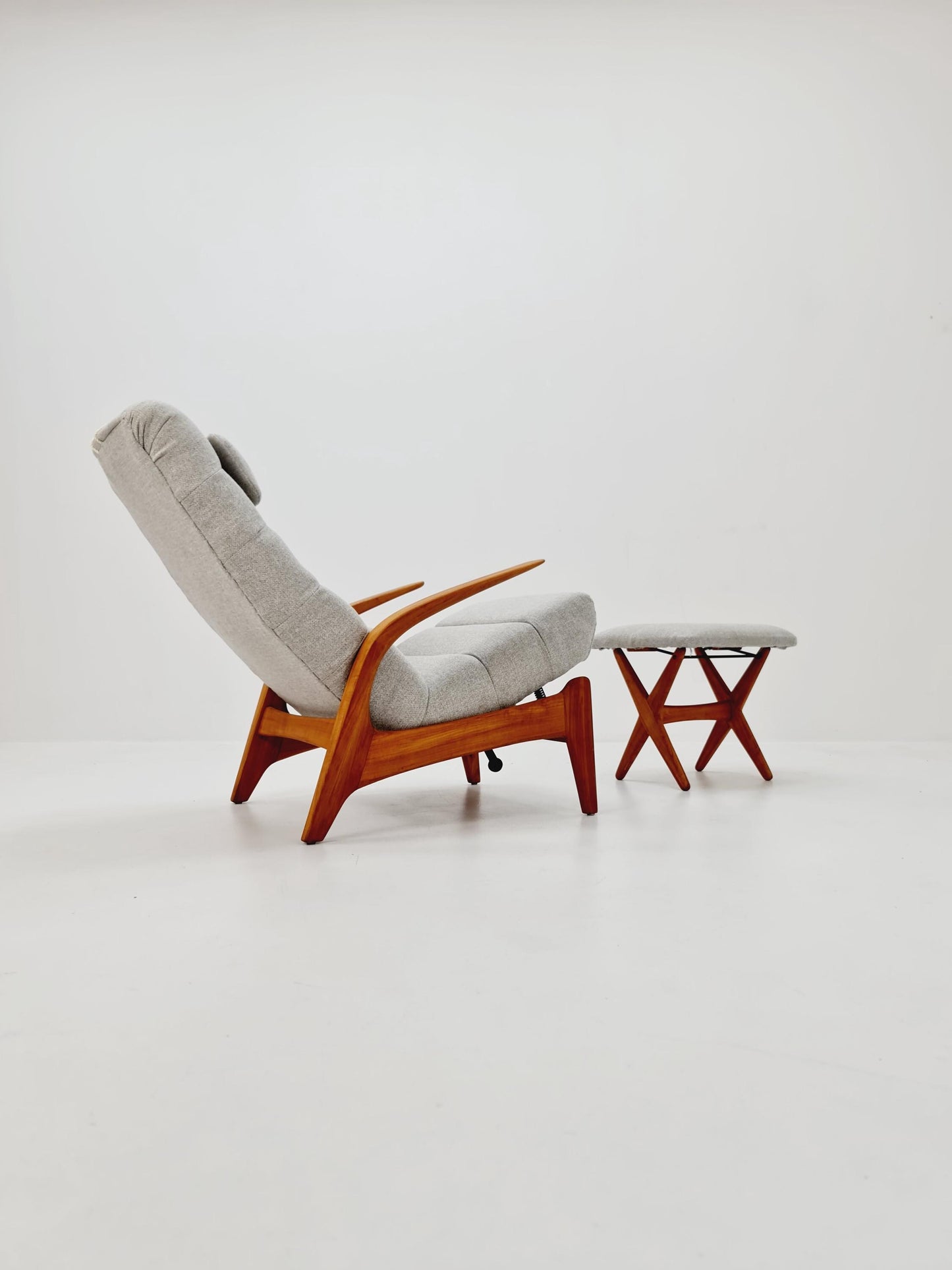 Mid Century Solid cherry wood lounge chair/ Easy chair by Rolf Rastad & Adolf Relling For Goldfeder with Adjustable Ottoman, 1960s