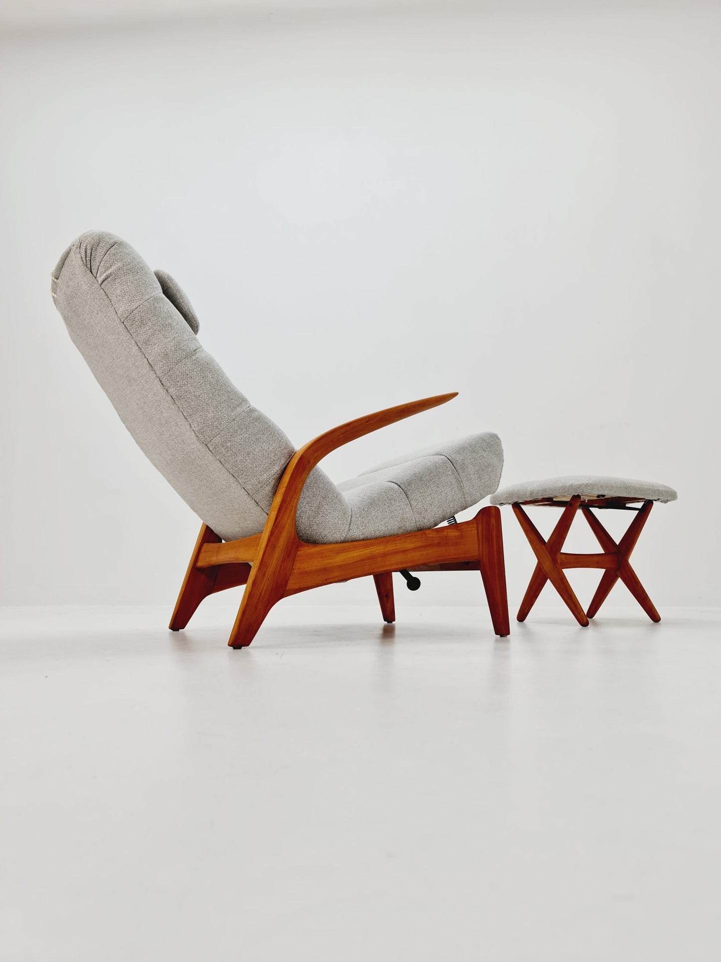 Mid Century Solid cherry wood lounge chair/ Easy chair by Rolf Rastad & Adolf Relling For Goldfeder with Adjustable Ottoman, 1960s