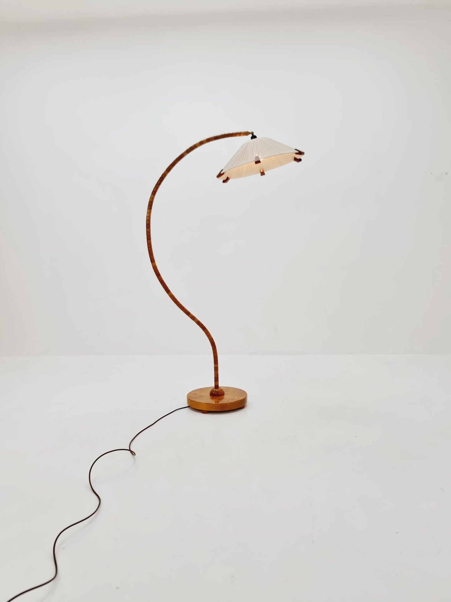 Rare Midcentury vintage gooseneck floor lamp in beech Wood and teak shade by Marksljöd Sweden, 1940s