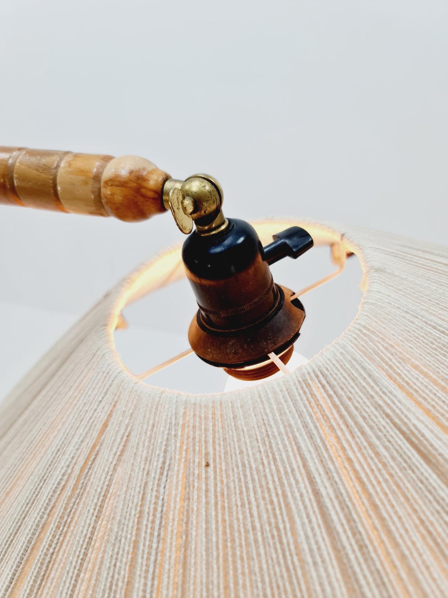 Rare Midcentury vintage gooseneck floor lamp in beech Wood and teak shade by Marksljöd Sweden, 1940s