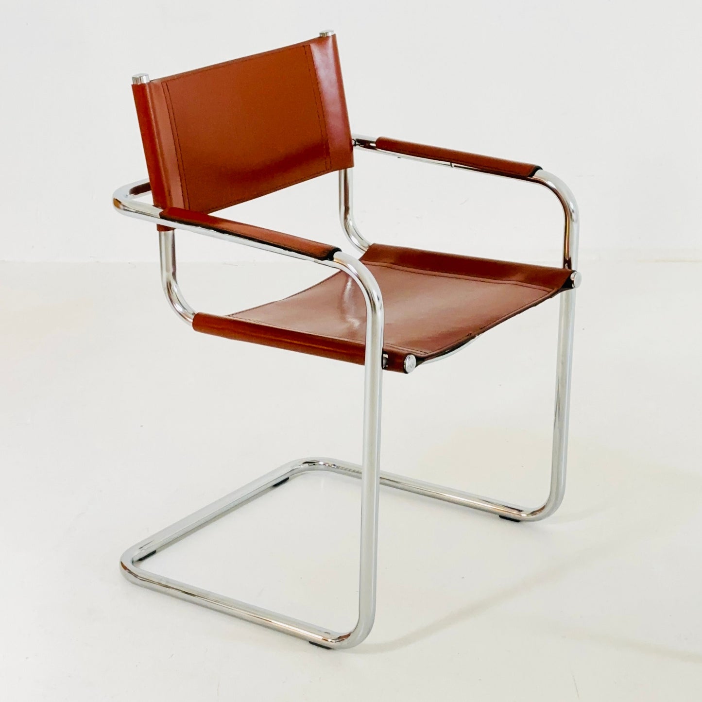 Set of 2 Mid century S34 cognac Leather tubular armchairs by Mart Stam & Marcel Breuer 1980s Italy