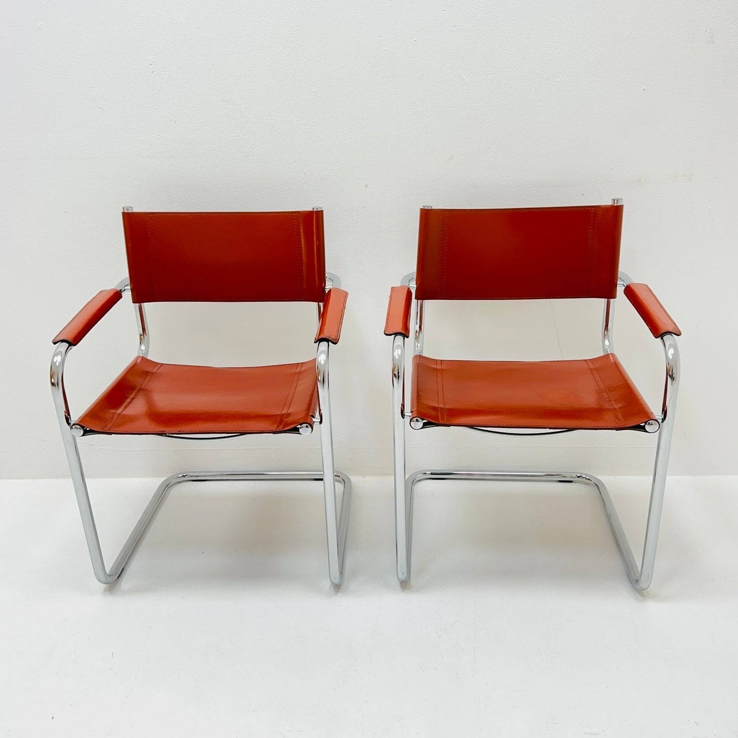 Set of 2 Mid century S34 cognac Leather tubular armchairs by Mart Stam & Marcel Breuer 1980s Italy
