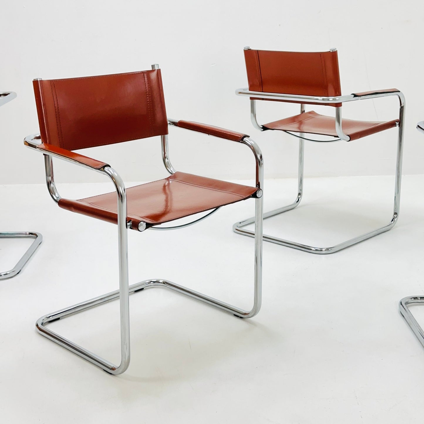 Set of 4 Mid century Model S34 Cognac Leather armchairs by Mart Stam & Marcel Breuer 1980s Italy