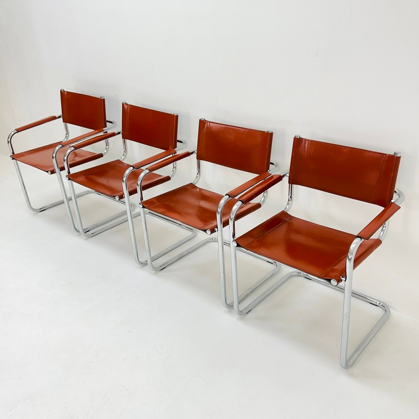 Set of 4 Mid century Model S34 Cognac Leather armchairs by Mart Stam & Marcel Breuer 1980s Italy