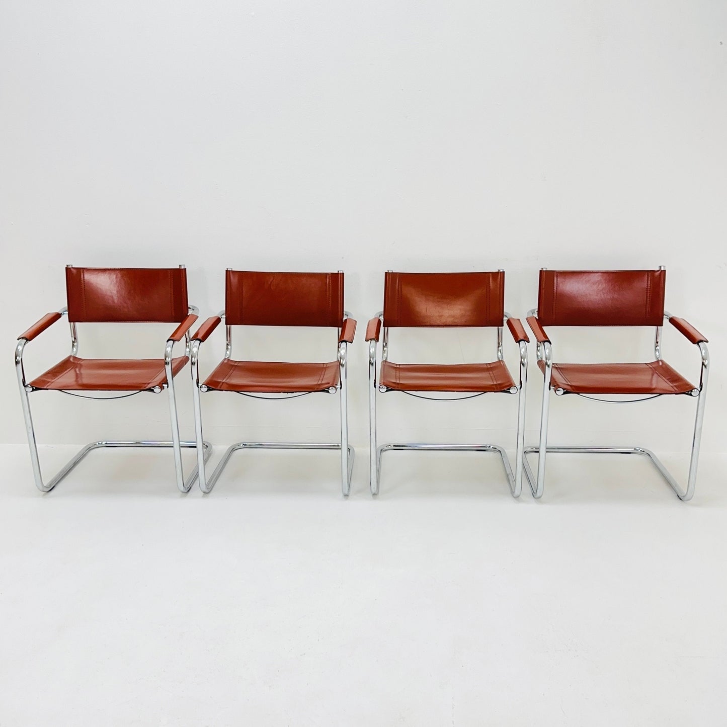 Set of 4 Mid century Model S34 Cognac Leather armchairs by Mart Stam & Marcel Breuer 1980s Italy