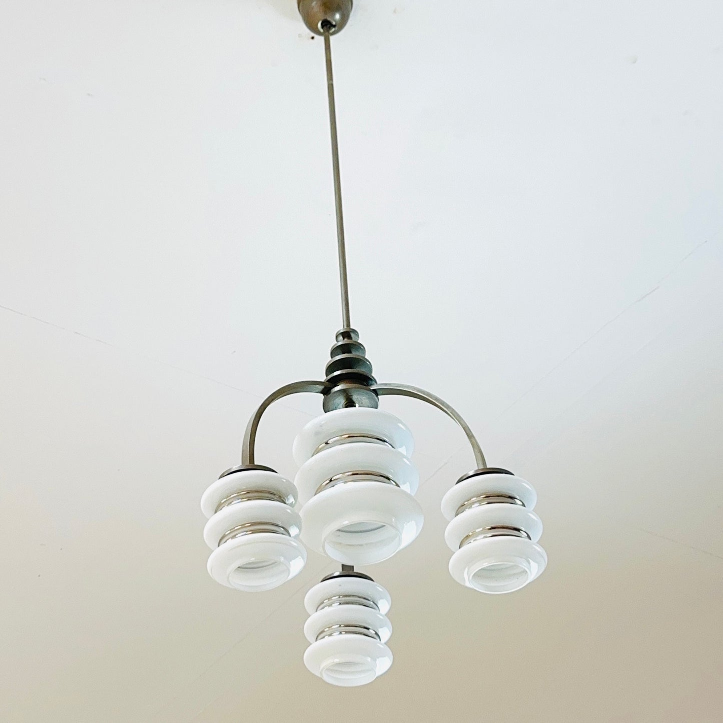 Mid century Bauhaus Italian chandelier chrome & Opal glass 1950s