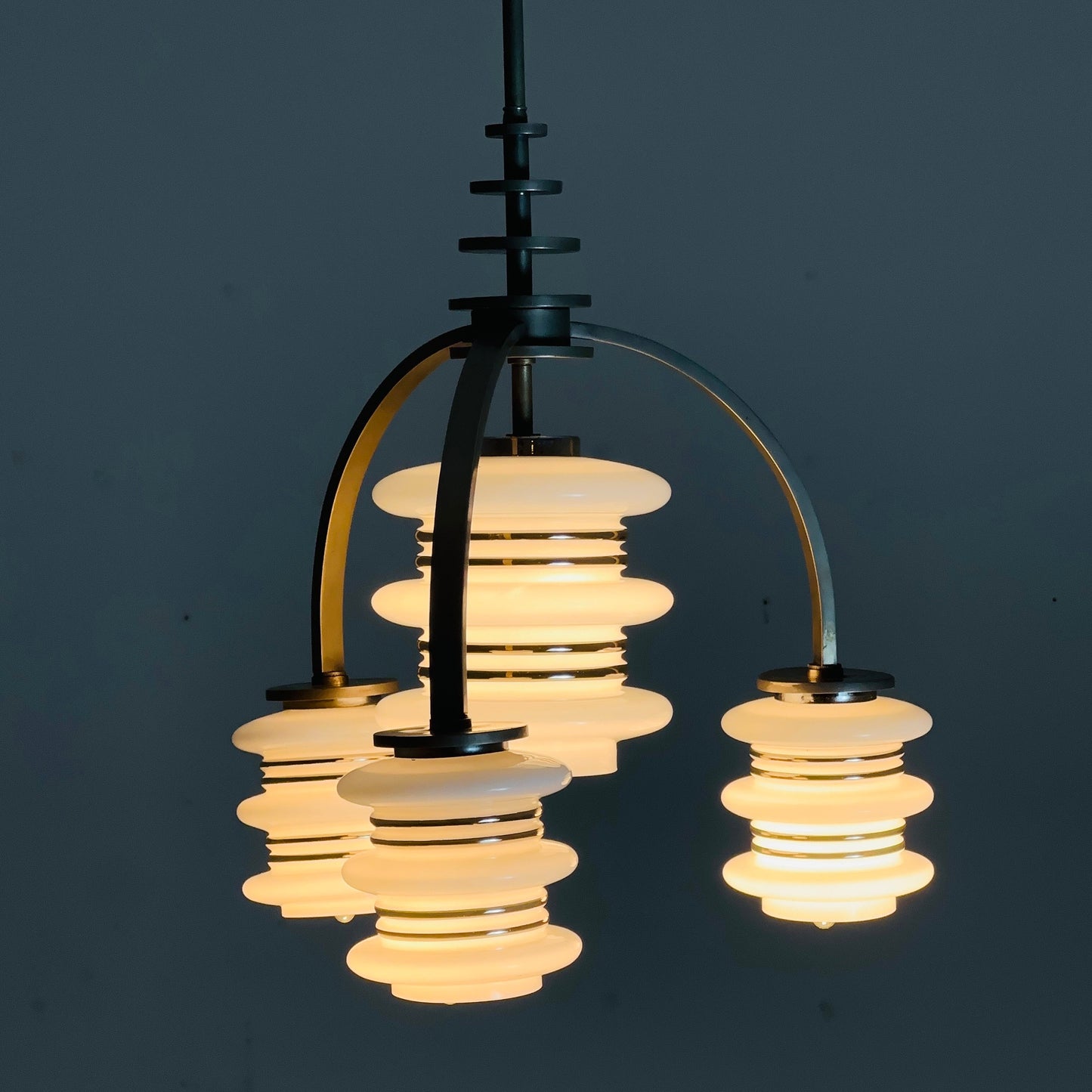 Mid century Bauhaus Italian chandelier chrome & Opal glass 1950s