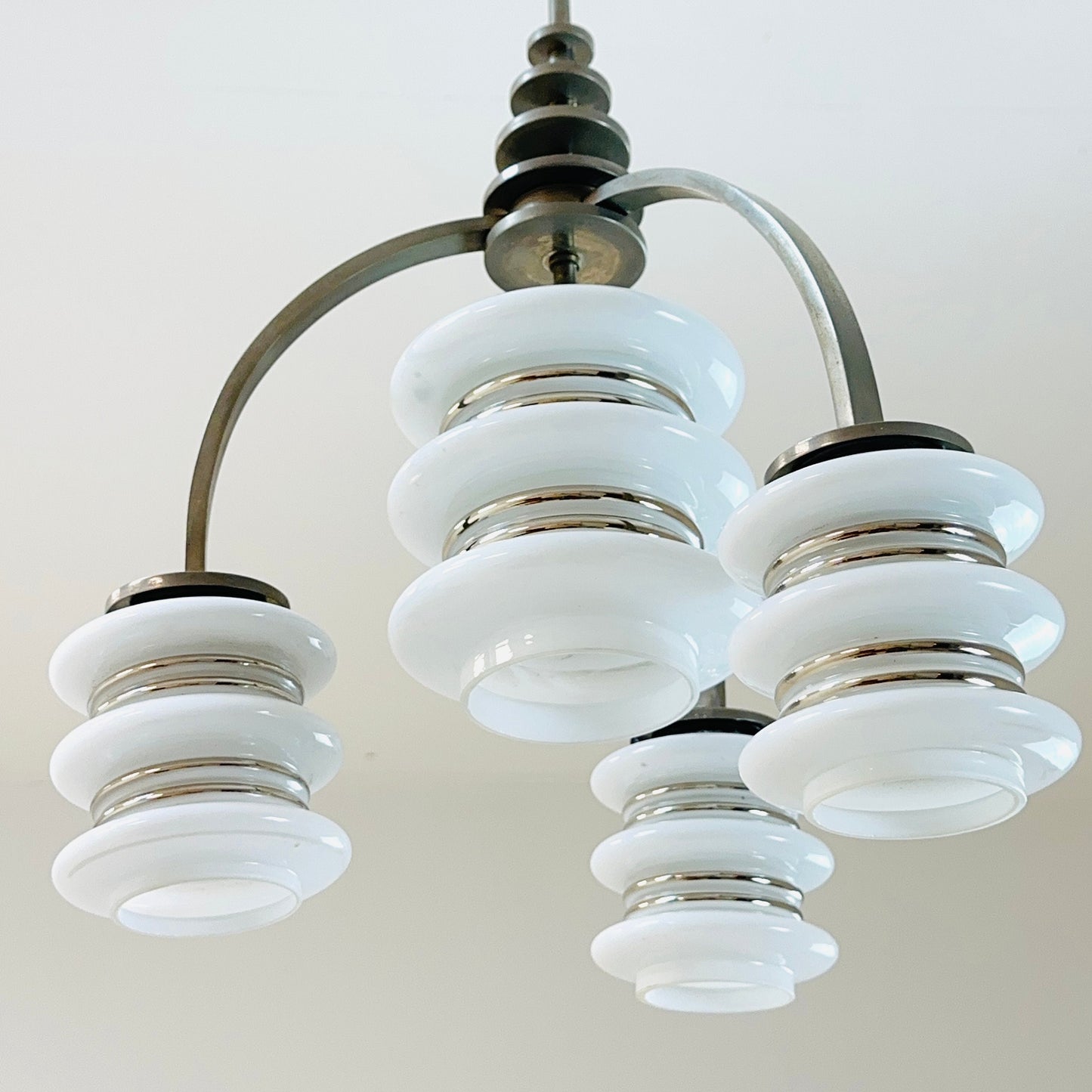 Mid century Bauhaus Italian chandelier chrome & Opal glass 1950s
