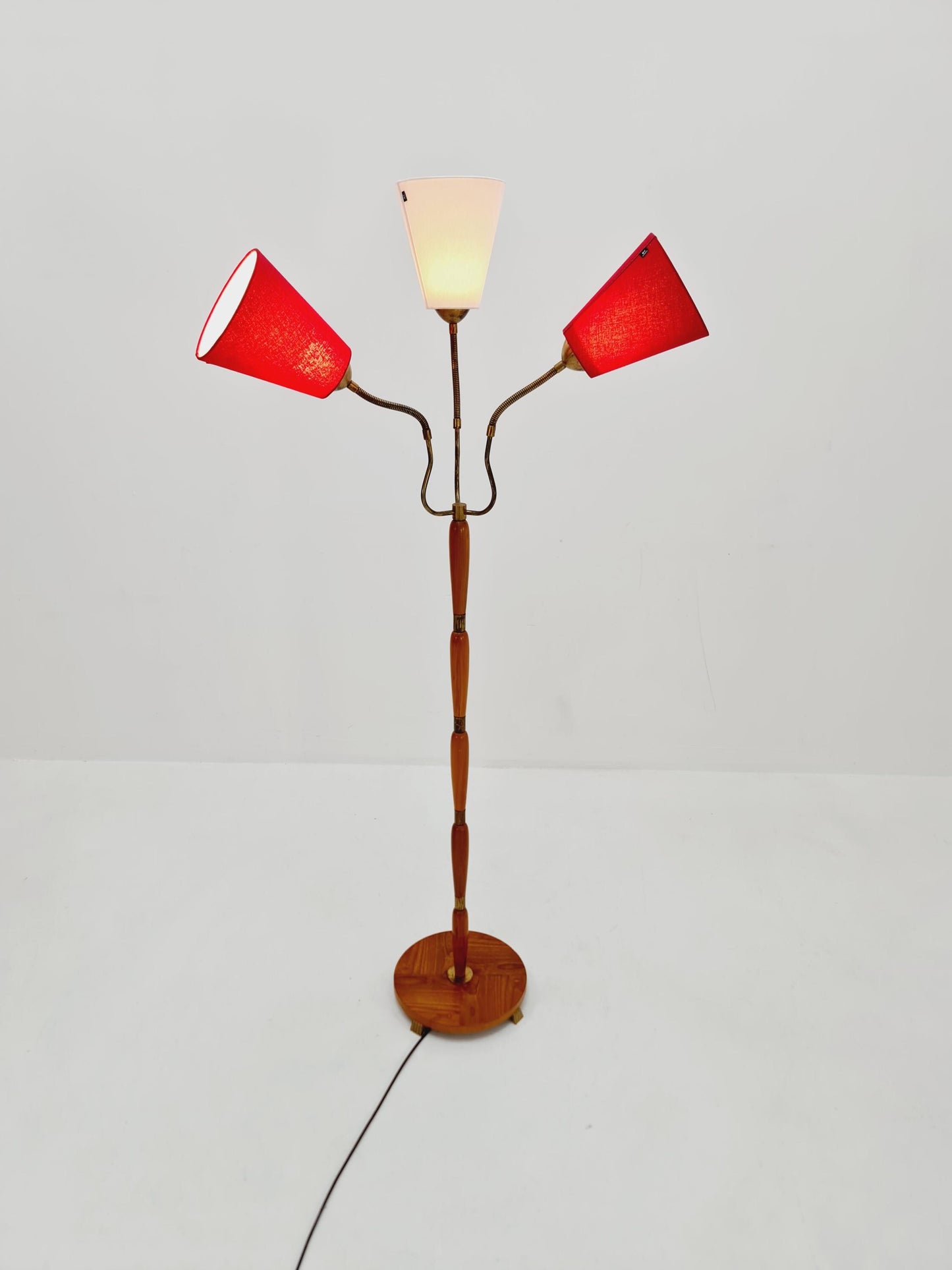swedish Modern three flex arms brass & wood floor lamp, tütenlampe, 1950s