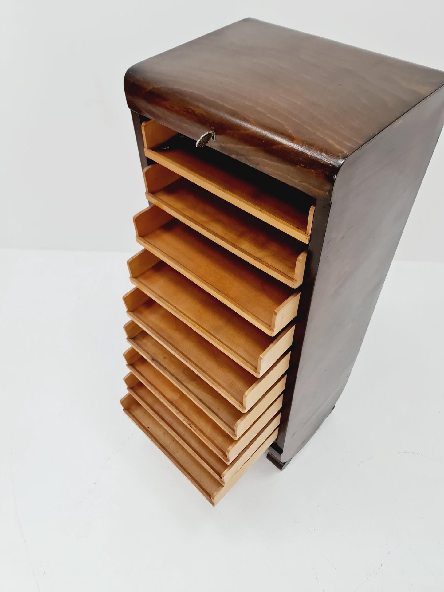 Mid century German roll document cabinet in Wood by Ekawerk Büro Möbel , 1950s