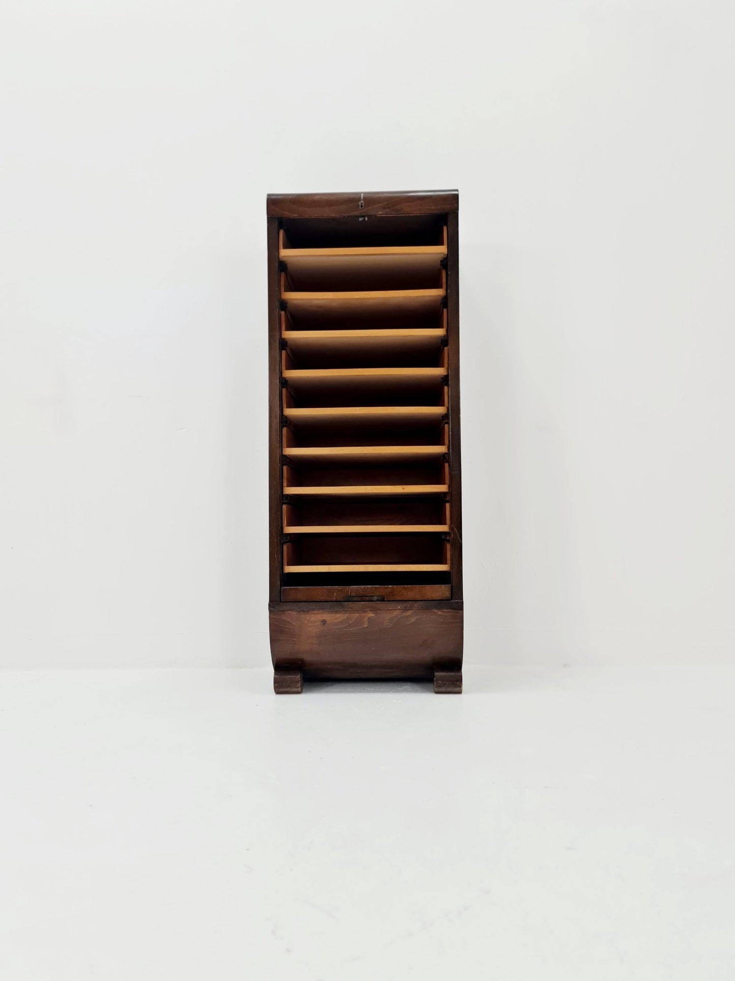 Mid century German roll document cabinet in Wood by Ekawerk Büro Möbel , 1950s