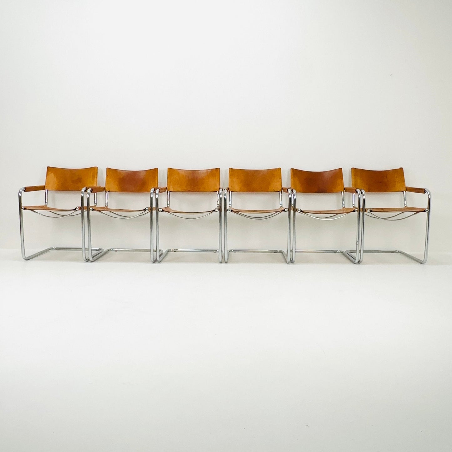 Set of 6 Mid century armchairs Matteo Grassi Mg5 leather cantilevered by Mart Stam italy 1980s