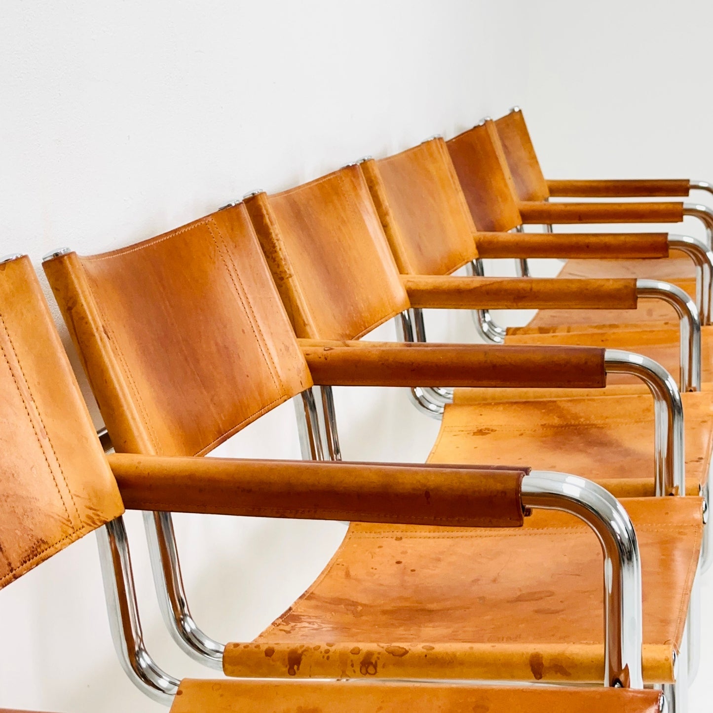 Set of 6 Mid century armchairs Matteo Grassi Mg5 leather cantilevered by Mart Stam italy 1980s