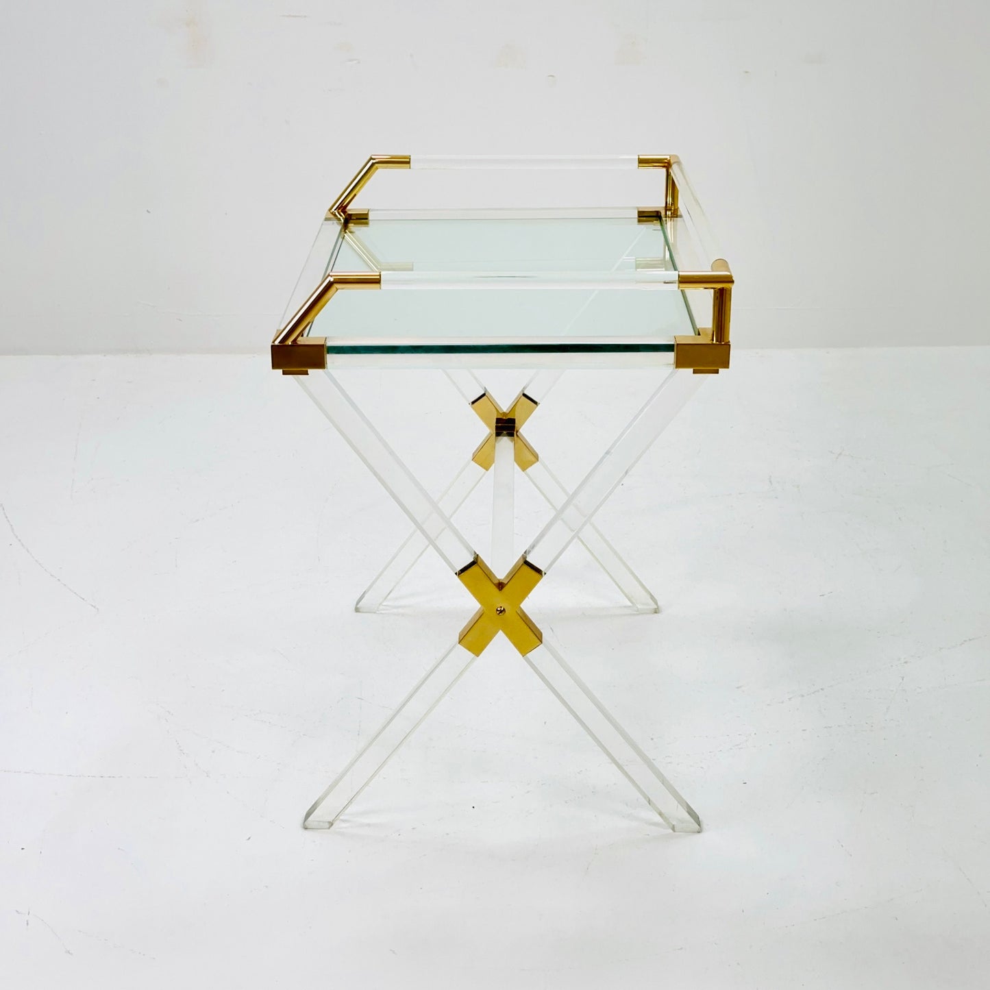 Mid century Hollywood Regency Charles Hollis Jones Large Lucite Brass Bar Table 1970s