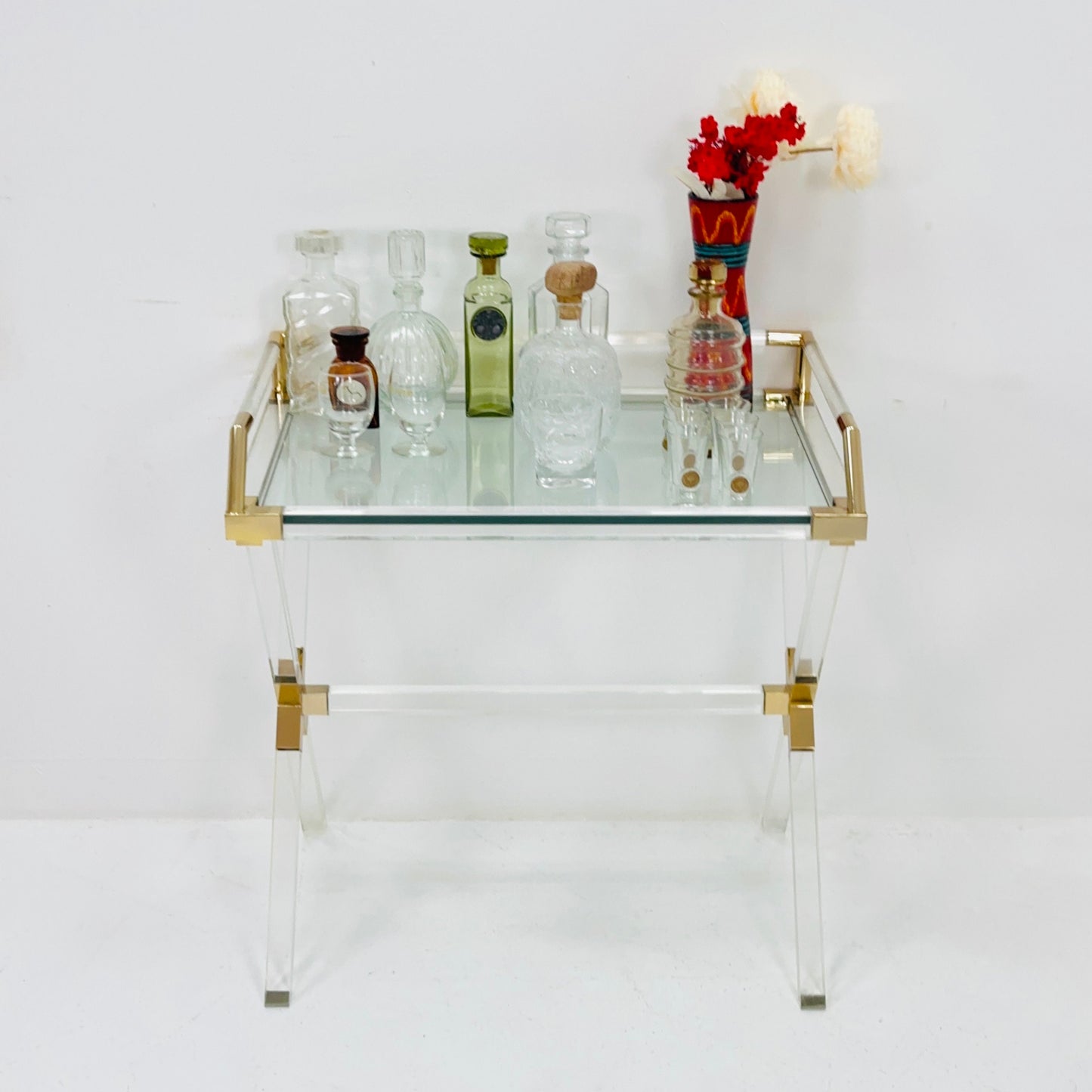 Mid century Hollywood Regency Charles Hollis Jones Large Lucite Brass Bar Table 1970s