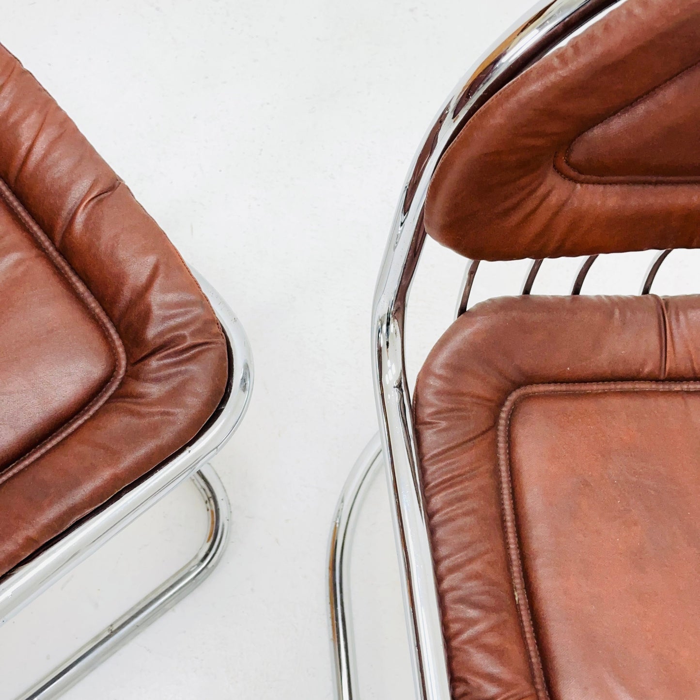1 of 4 Mid century tubular Chrome and Leather Cantilever Dining Chairs, 1970s