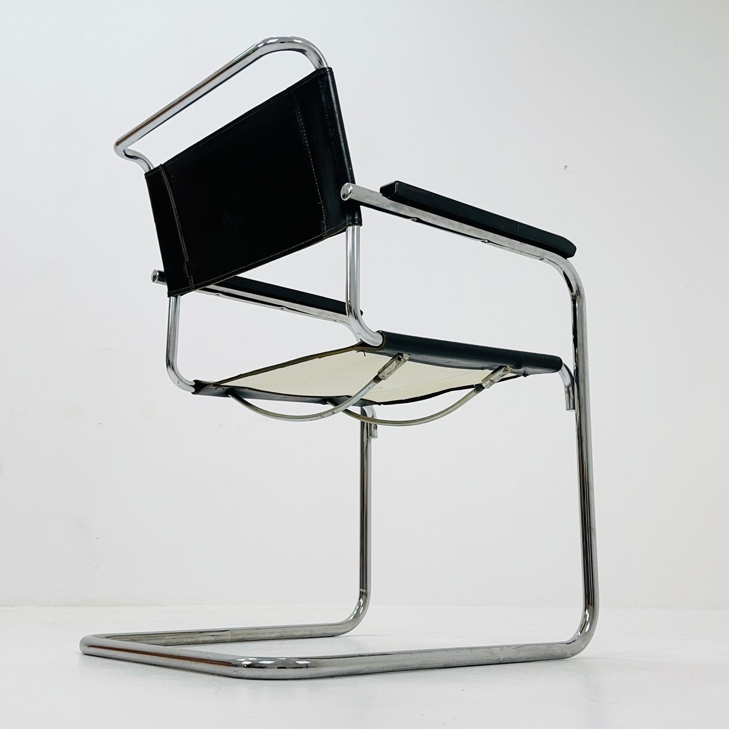 Mid century Bauhaus black leather iconic S34 armchair by mart Stam for Thonet 1980s