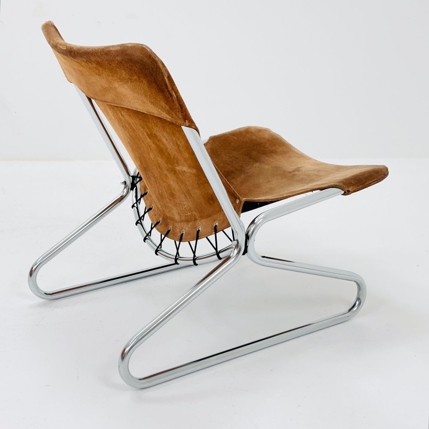 Mid century easy Sling Lounge Chair in alcantara Nubuck cognac leather by Lusch & Co West Germany 1980s