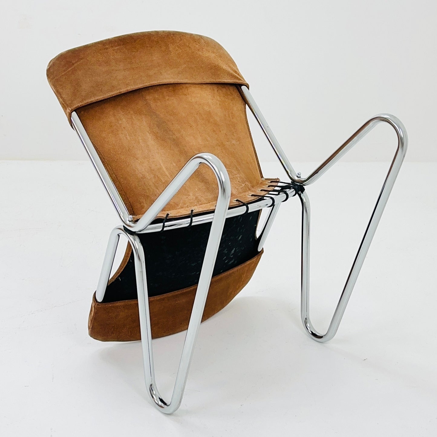 Mid century easy Sling Lounge Chair in alcantara Nubuck cognac leather by Lusch & Co West Germany 1980s
