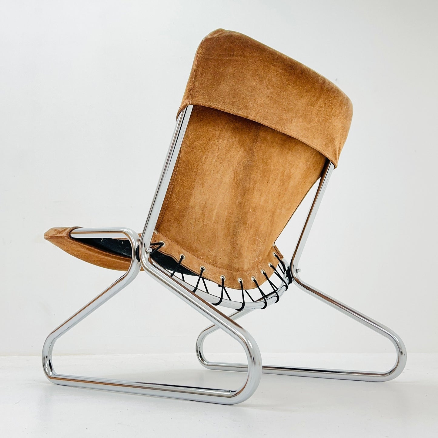Mid century easy Sling Lounge Chair in alcantara Nubuck cognac leather by Lusch & Co West Germany 1980s