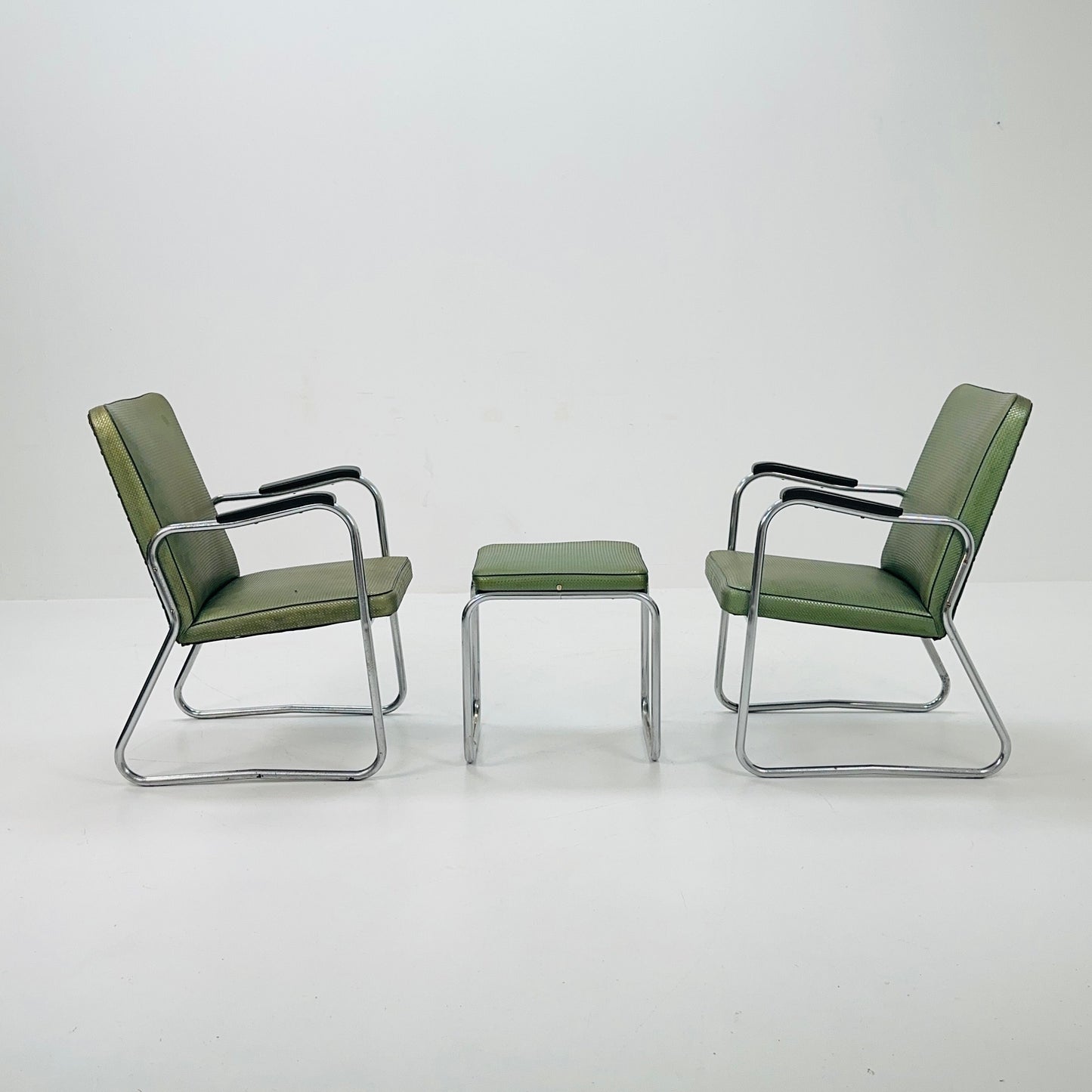 Mid century Original Mauser tubular steel armchairs and ottoman set 1940s Germany