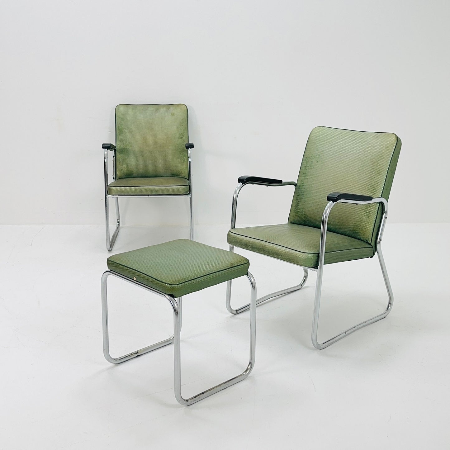 Mid century Original Mauser tubular steel armchairs and ottoman set 1940s Germany