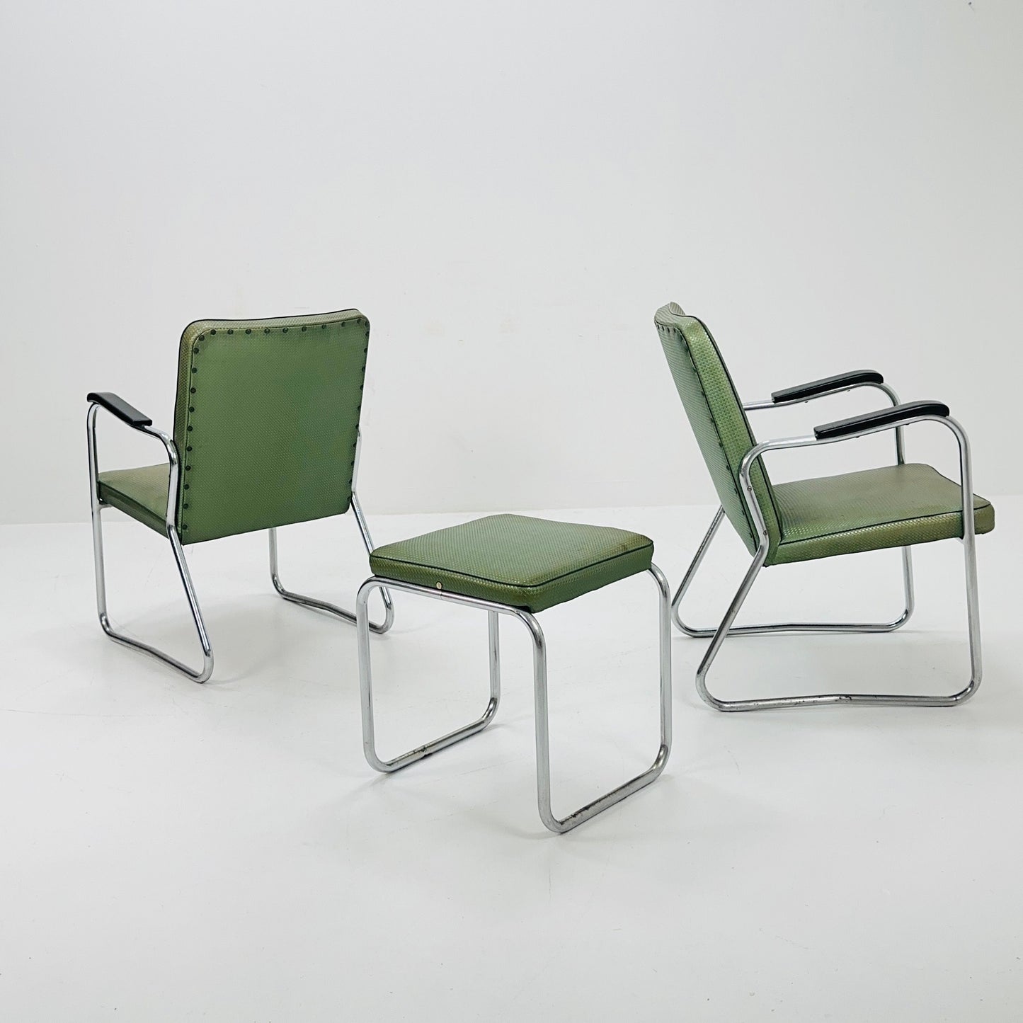Mid century Original Mauser tubular steel armchairs and ottoman set 1940s Germany