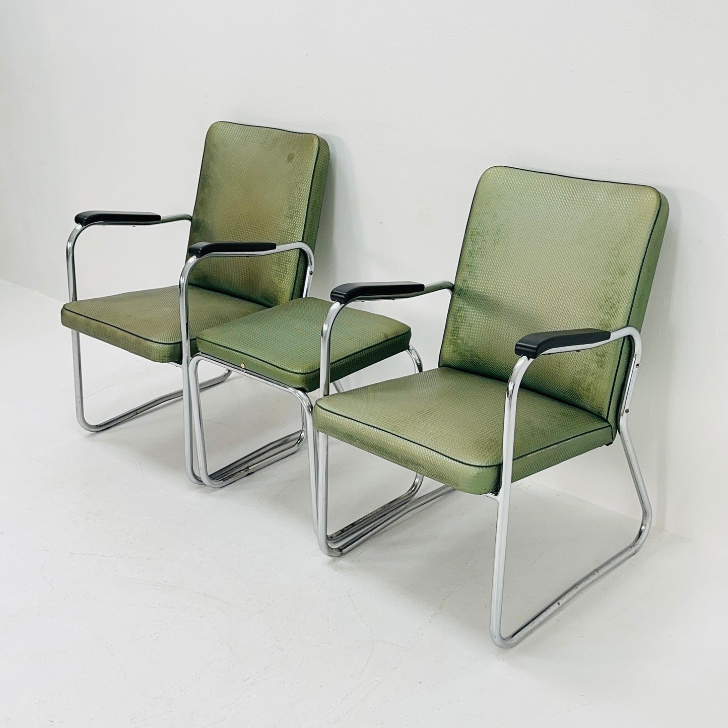 Mid century Original Mauser tubular steel armchairs and ottoman set 1940s Germany