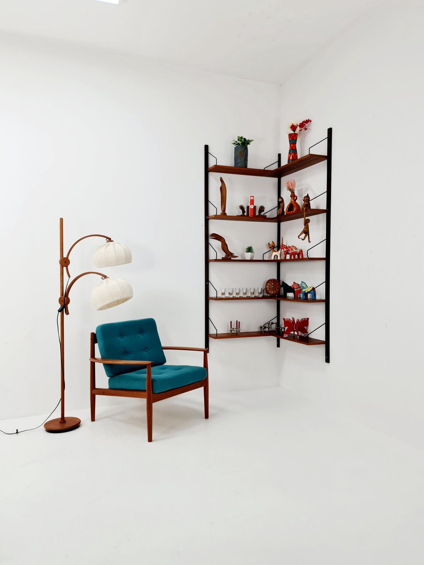Midcentury Danish walnut Corner Wall-Mounted Shelving Unit, by Royal for Poul Cadovius, 1960s