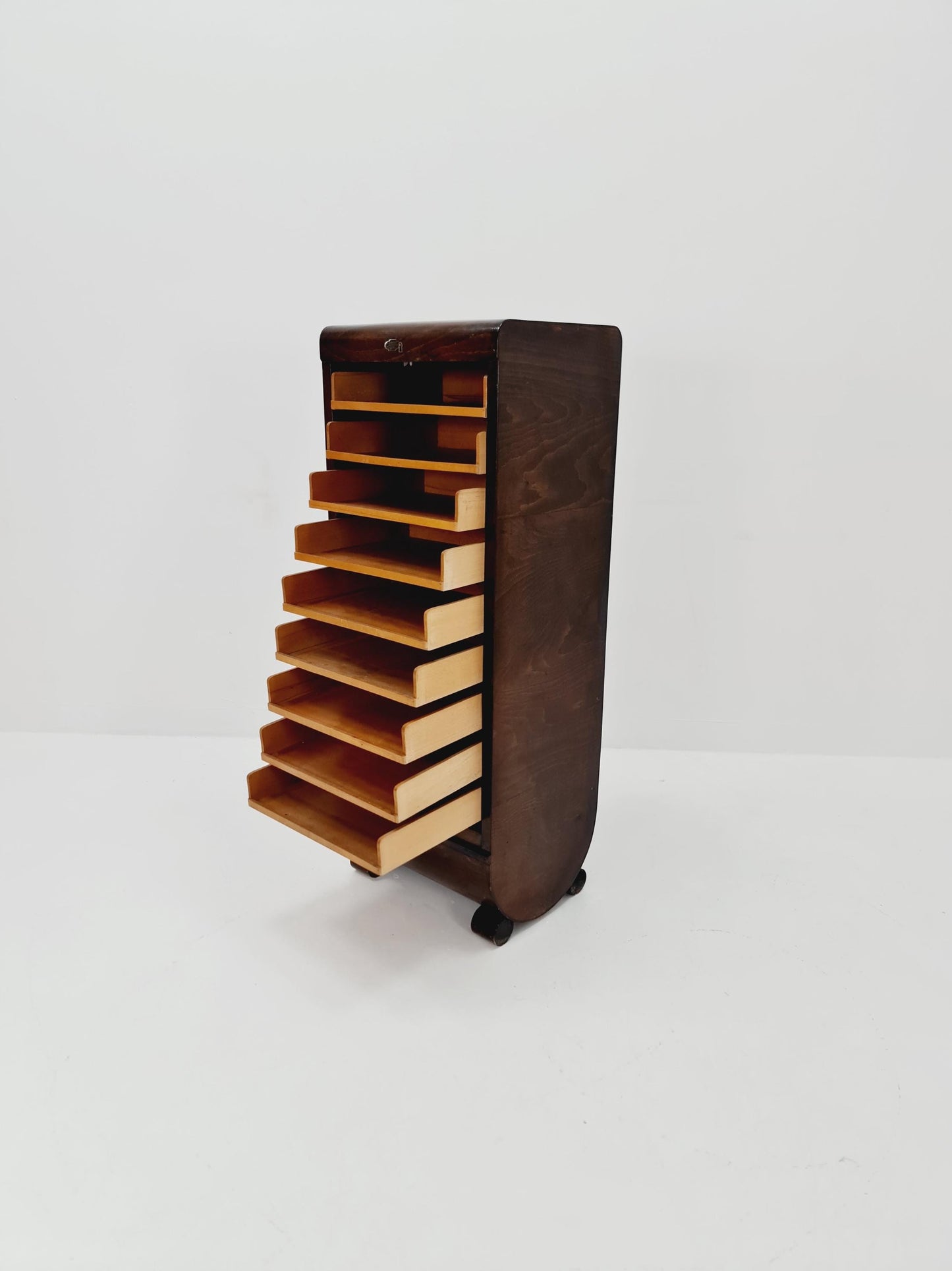 Mid century German roll document cabinet in Wood by Ekawerk Büro Möbel , 1950s