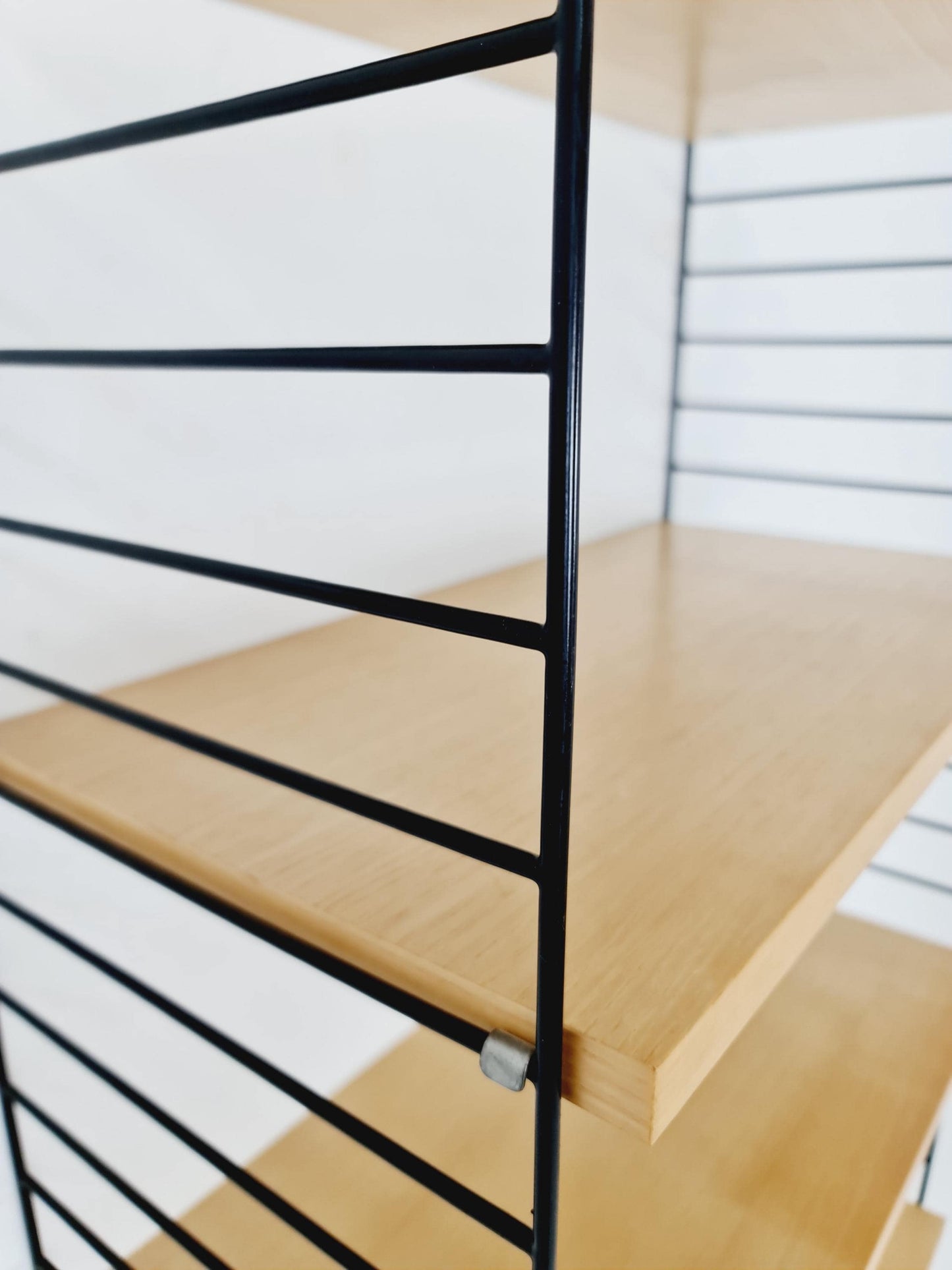 Original MCM Ash shelving system - consists of Black lacquered metal ladders, from string Stockholm 1960s