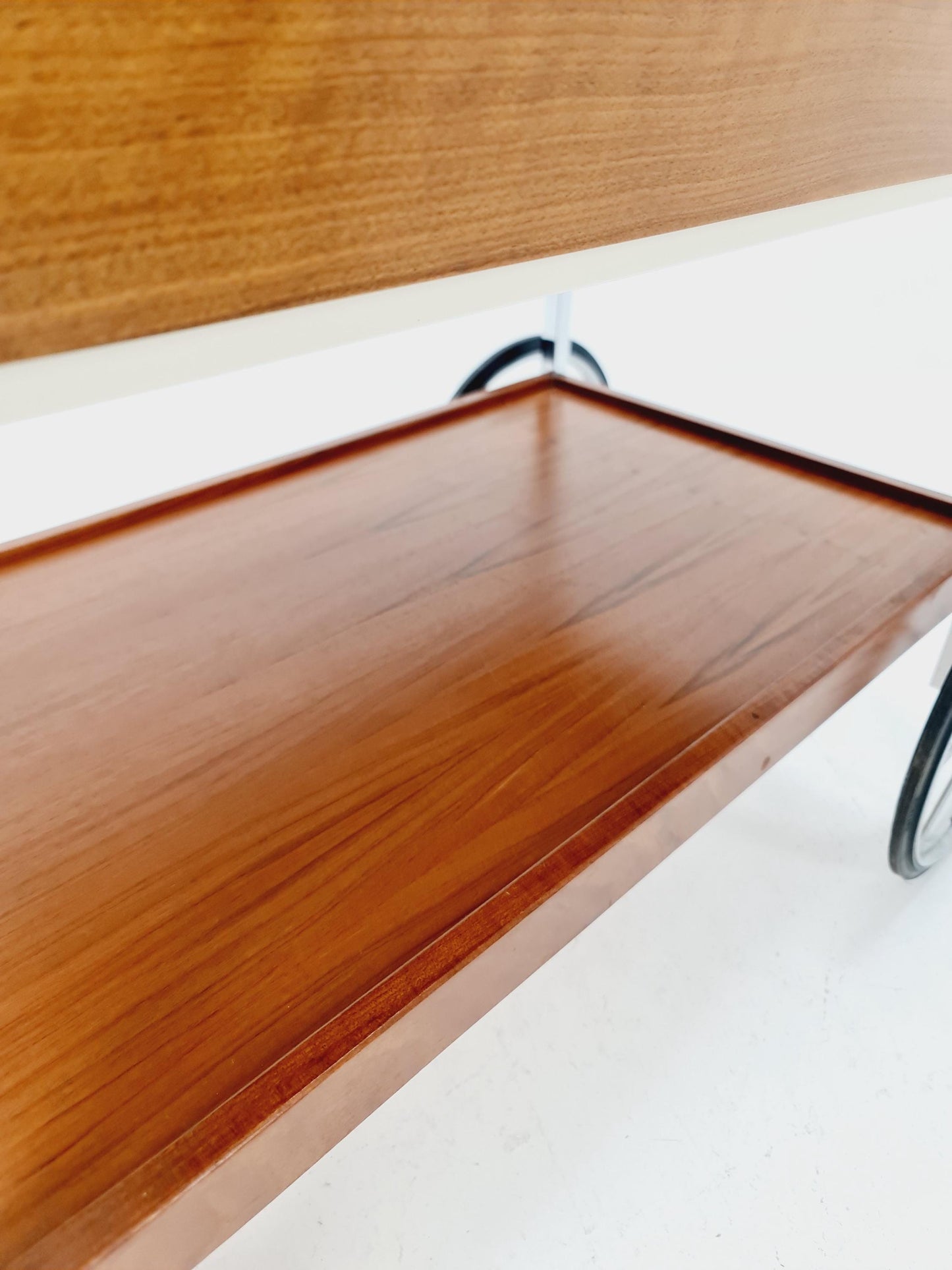 Vintage German BauHaus trolley bar cart in Rosewood & Chrome with drawer , 1960s