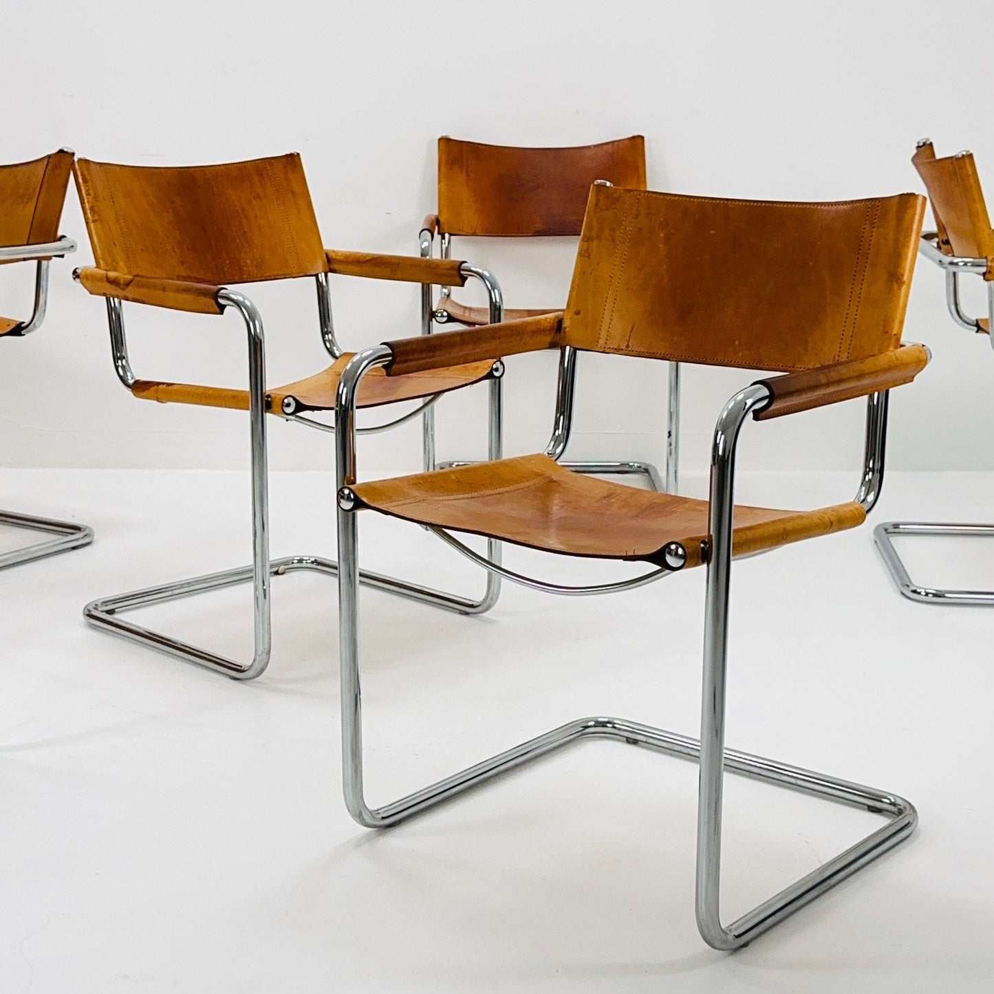 Set of 6 Mid century armchairs Matteo Grassi Mg5 leather cantilevered by Mart Stam italy 1980s